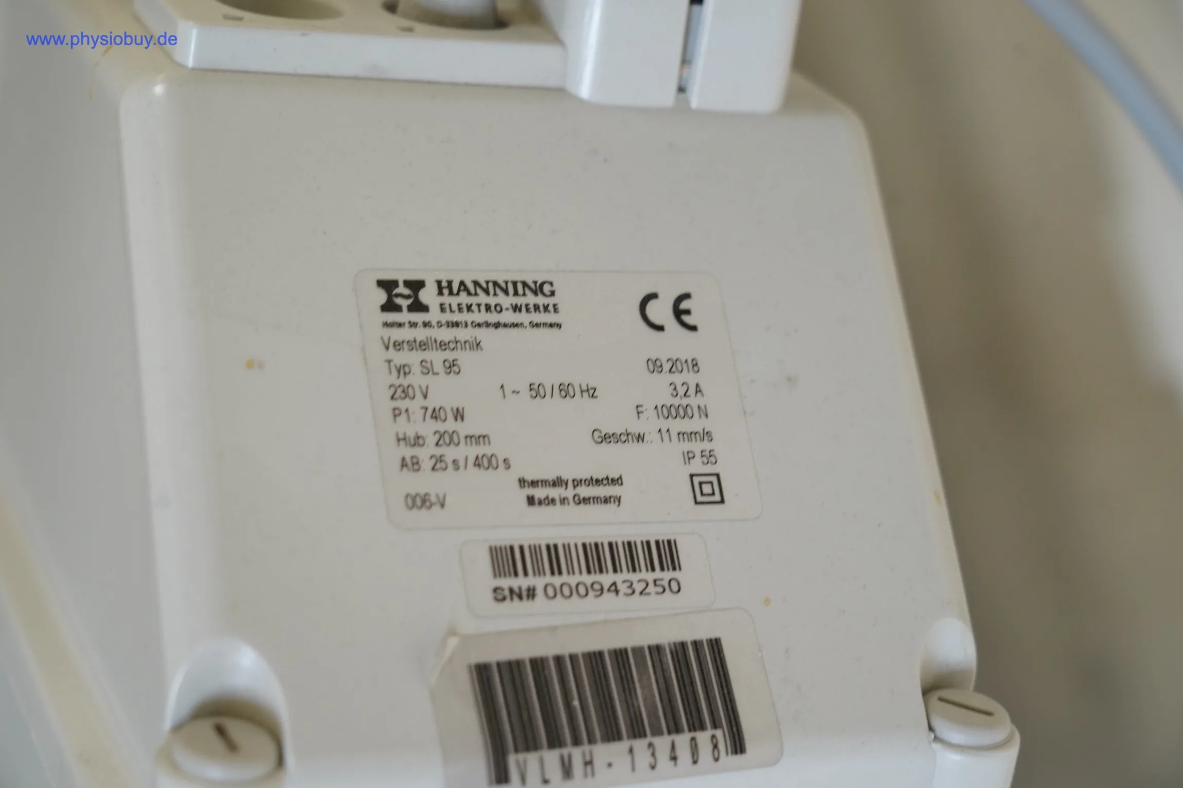 MediTech Therapieliege Vario Nr. 1, Typenschild des Hanning-Hubmotors