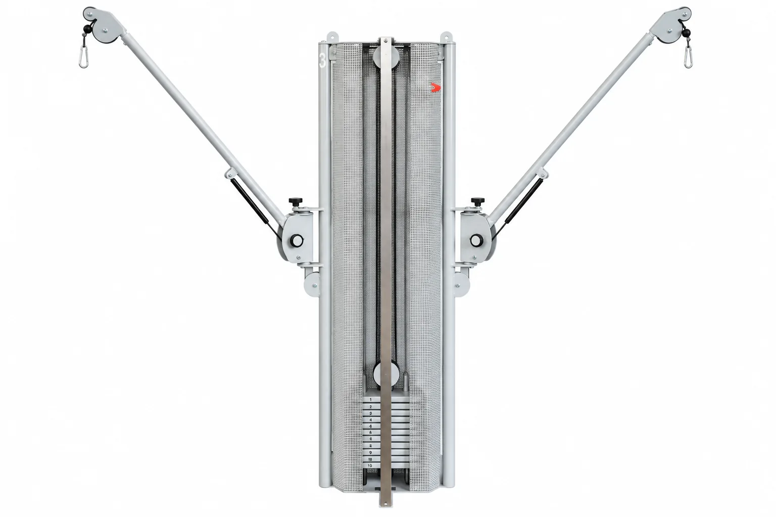 Stolzenberg Cable Cross Wandzugapparat in Frontansicht mit Gewichtsblock und zwei ausgestellten Seilzugarmen