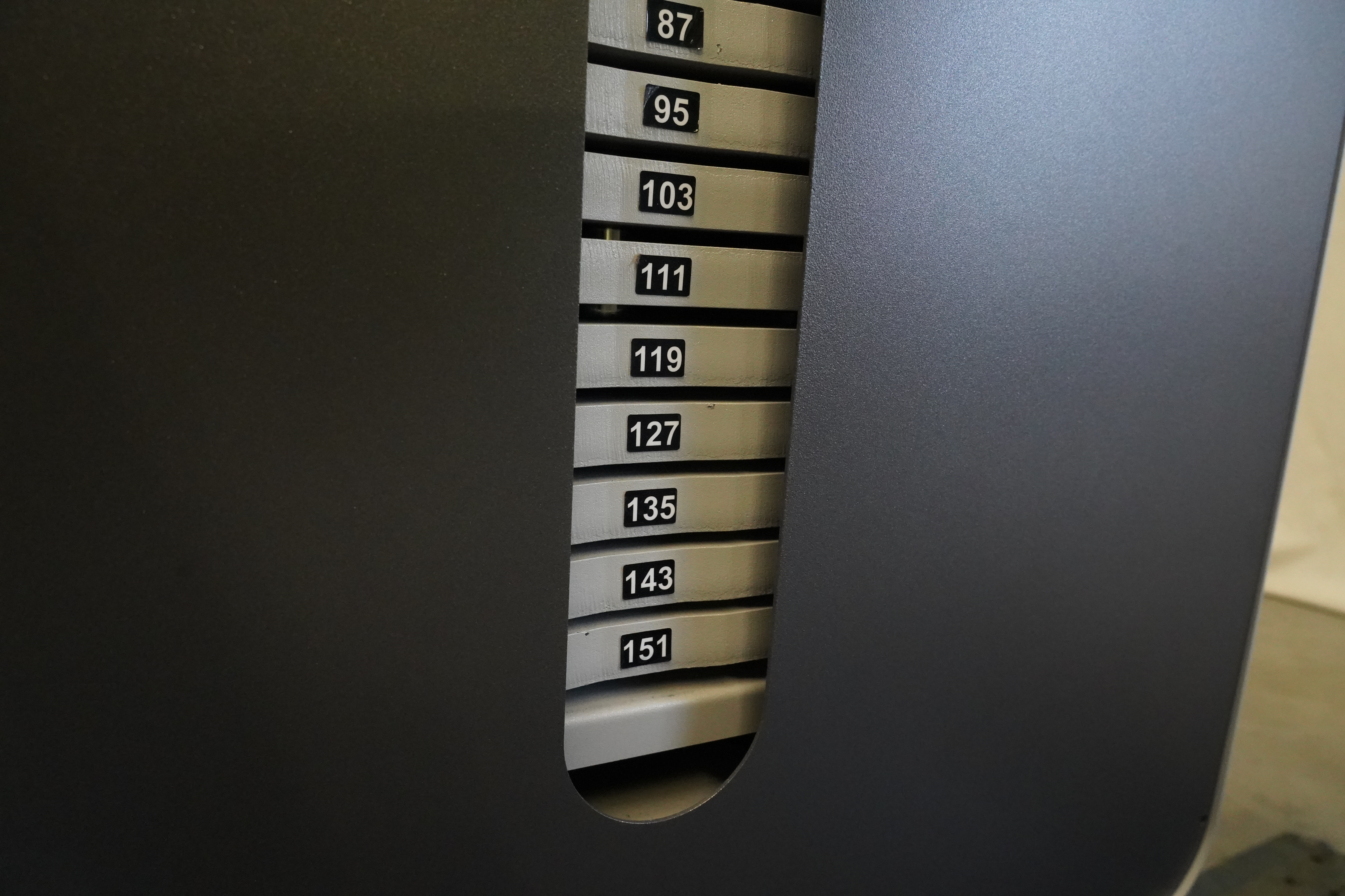 SVG RehaLine 2.0 KG-Gerätesatz: Gewichtsblock mit nummerierten Platten von 87 bis 151 hinter dunkler Verkleidung