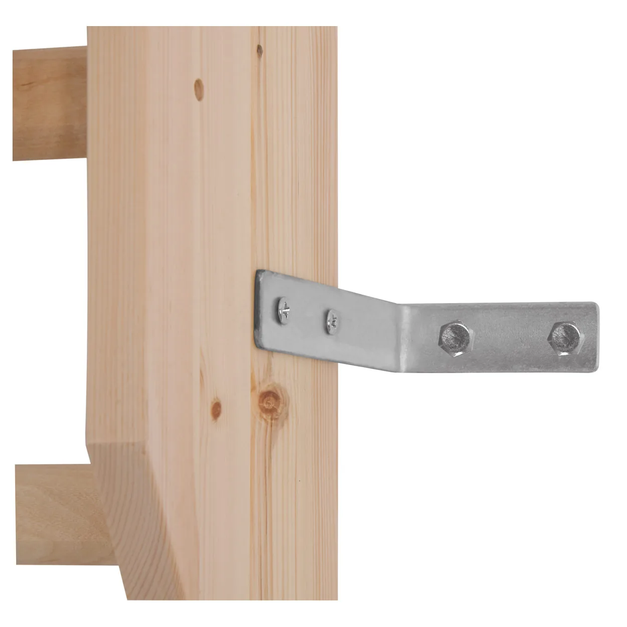 Sprossenwand aus Holz, Nahaufnahme der Wandbefestigung mit Metallwinkel