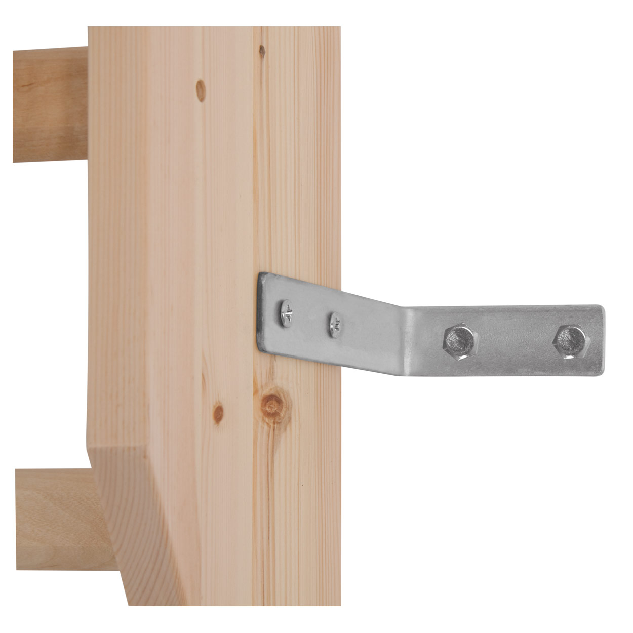 Sprossenwand aus Holz, Nahaufnahme der Wandbefestigung mit Metallwinkel