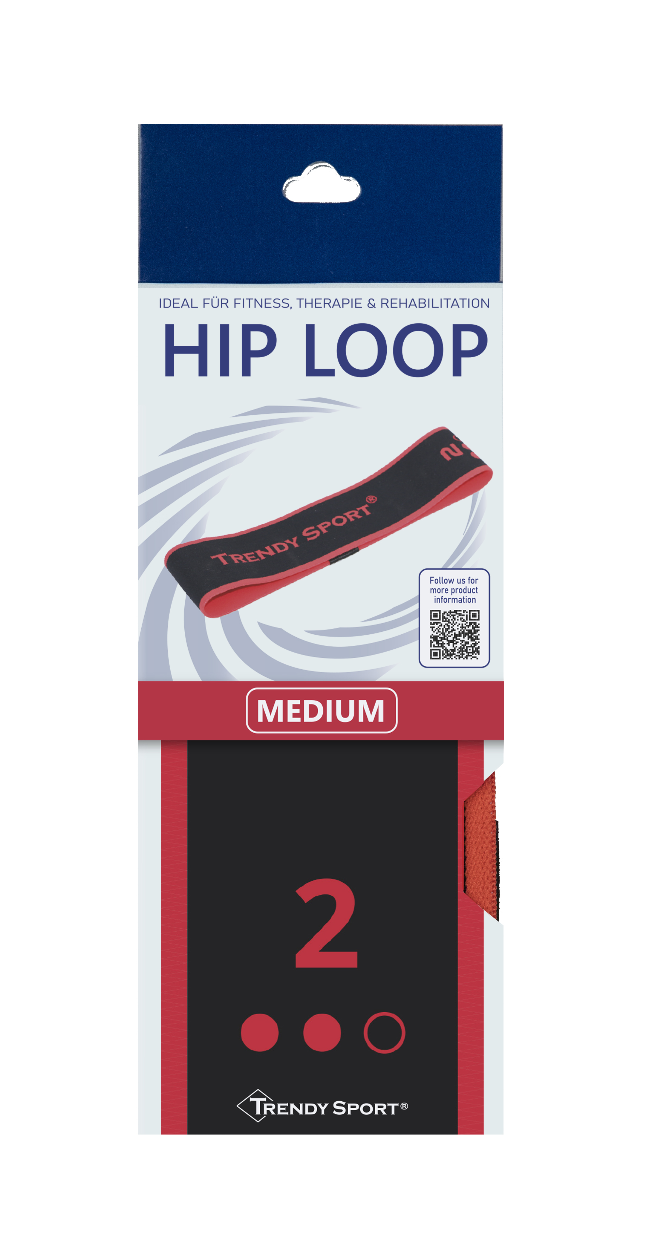 Verpackung des Trendy Hip Loop in der Größe Medium, schwarz-rotes Band abgebildet