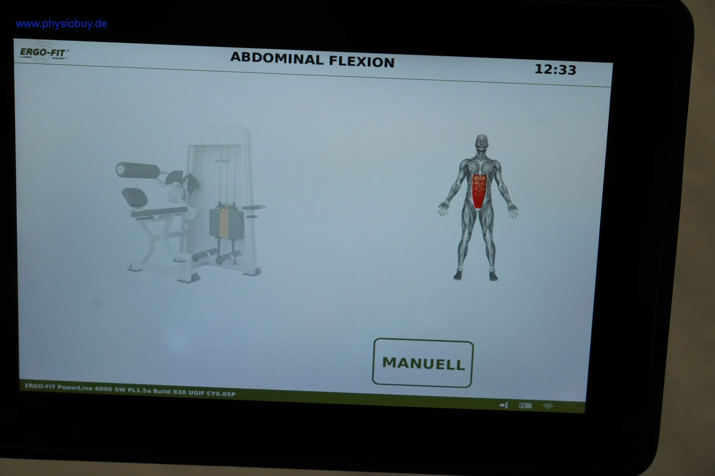 Touchscreen des Ergo-Fit 4000S zeigt Übung Abdominal Flexion mit Muskeldarstellung