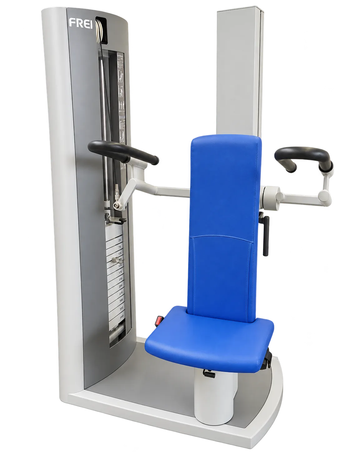 FREI Genius ECO Kraftgerät mit blauem Sitz, Rückenlehne, schwarzen Griffen und Gewichtsblock, schräg von vorn