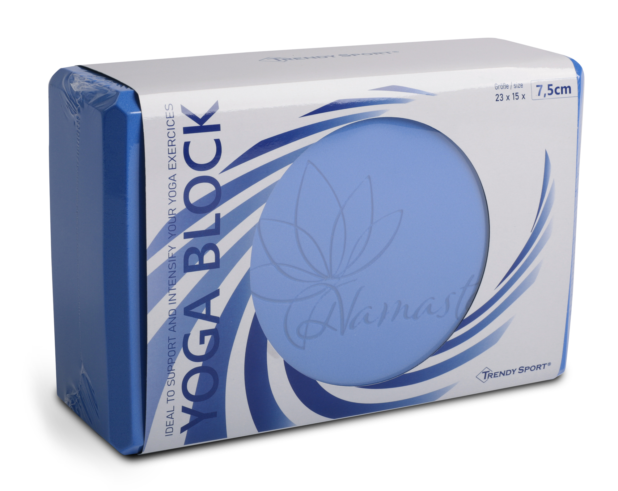 Verpackung des Trendy YogaBlock in Blau mit Namaste-Logo