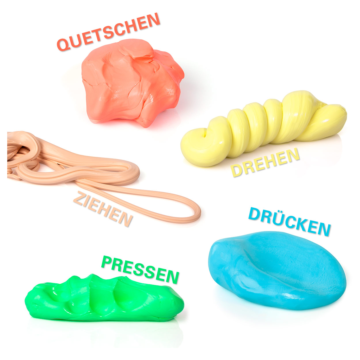 Physioflex Therapie-Knetmasse in Orange, Gelb, Beige, Grün und Blau bei verschiedenen Knettechniken