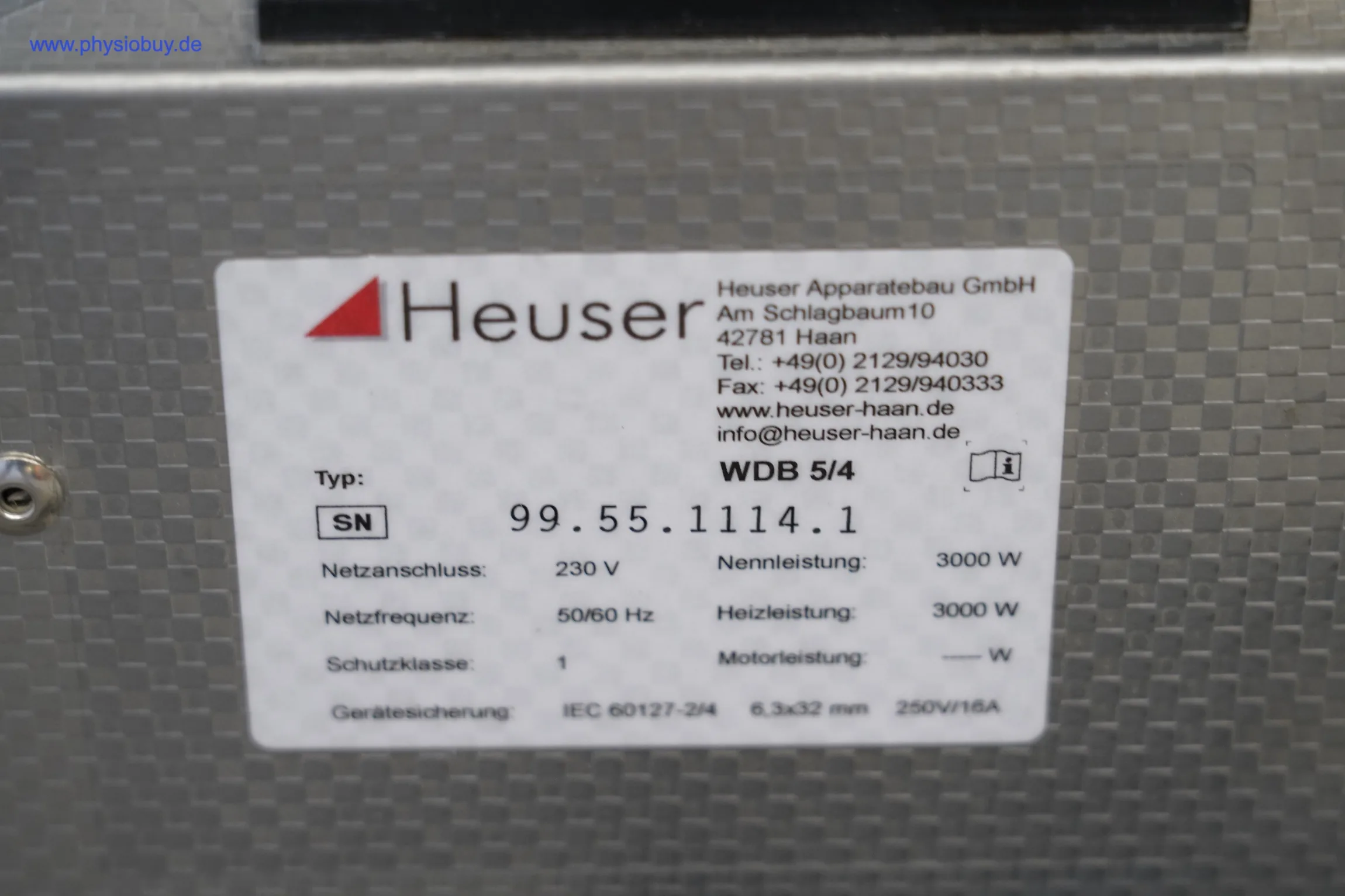 Typenschild des Heuser Wasserdampfbads WDB 5/4