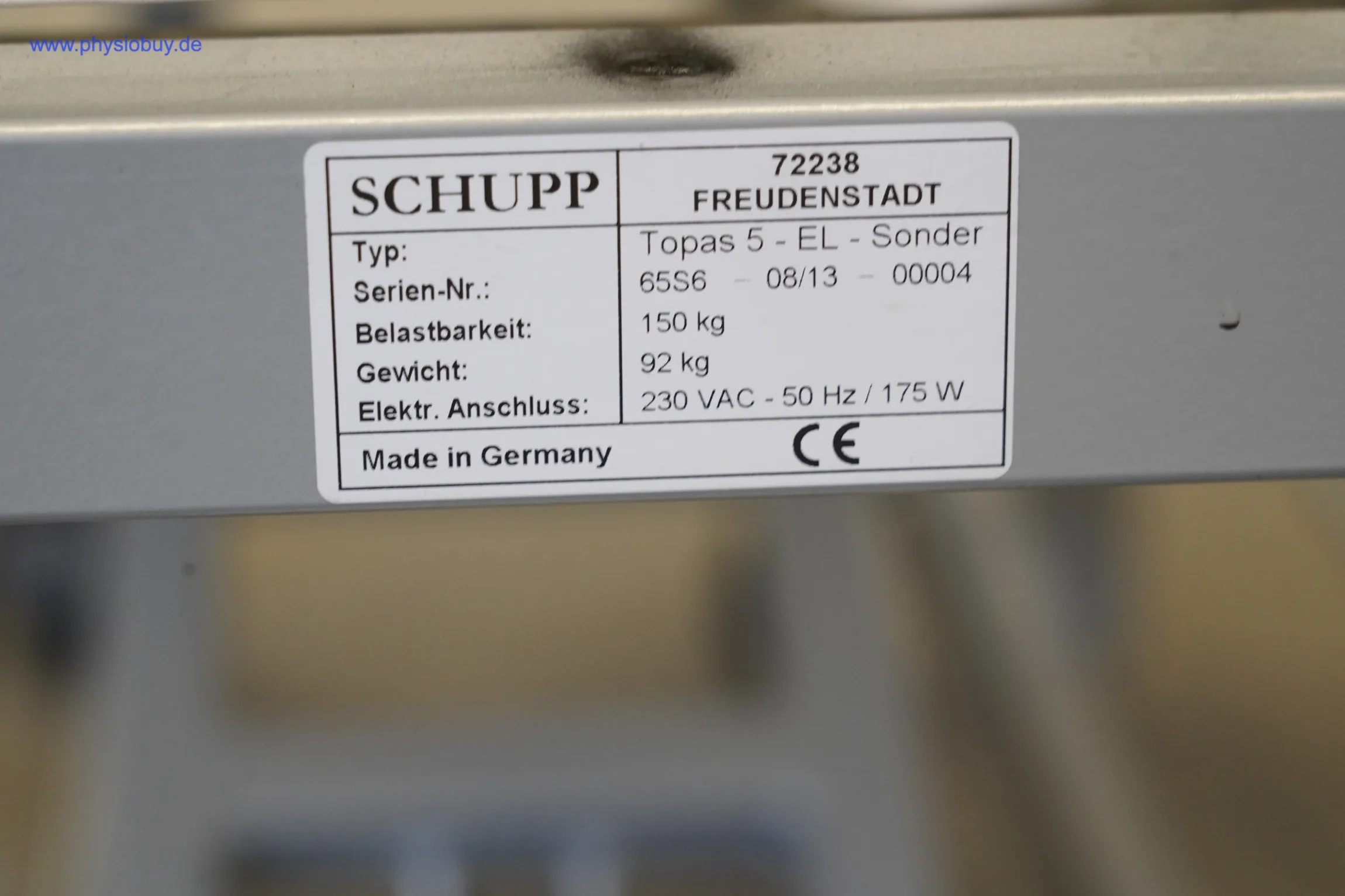 Typenschild der Schupp Topas 5-EL-Sonder mit Belastbarkeit und Gewicht