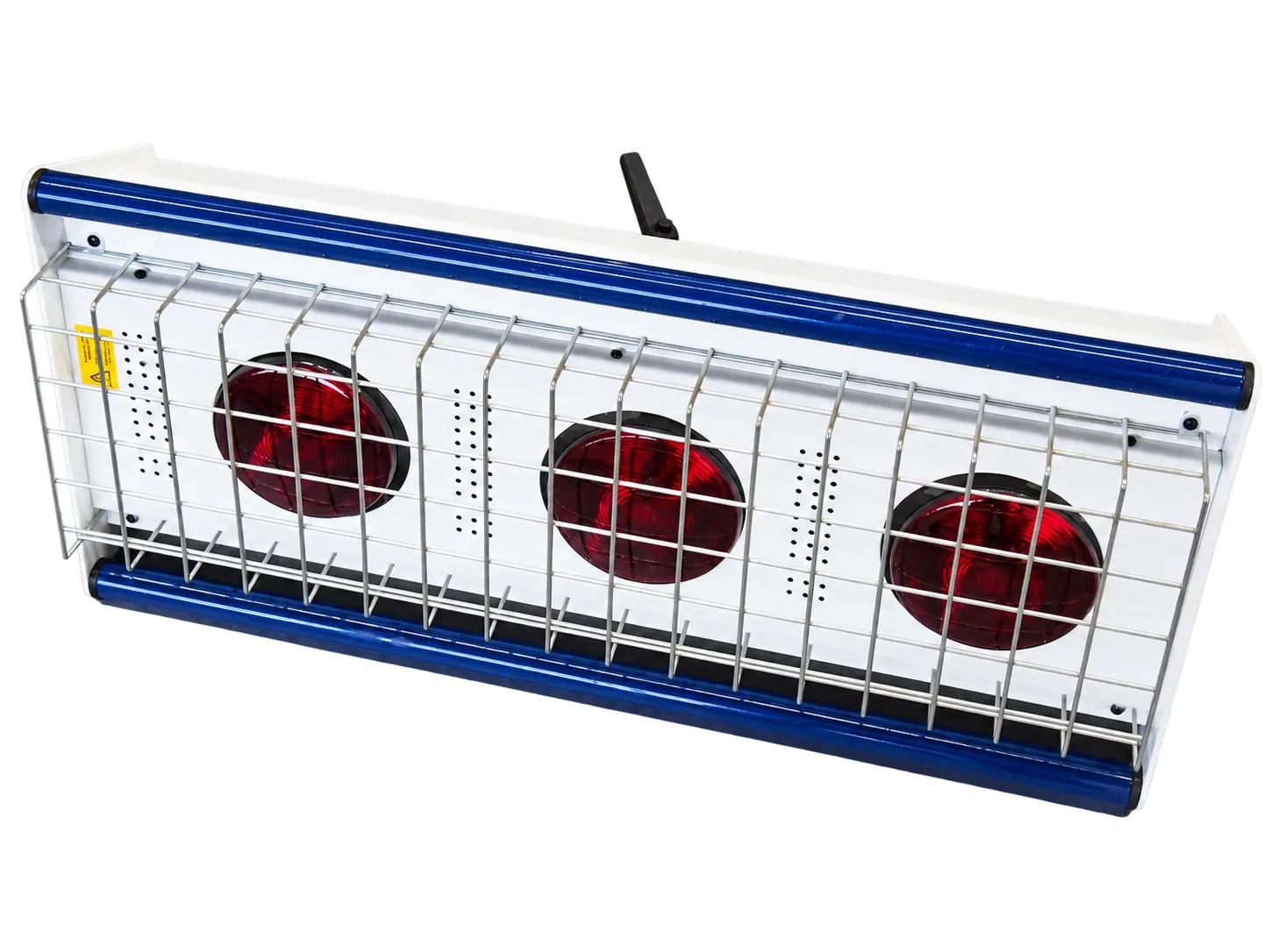 Heuser Rotlicht Strahlerkopf TGS 3.2 schräg von vorn, drei rote Infrarotlampen hinter Schutzgitter, blaue Leisten