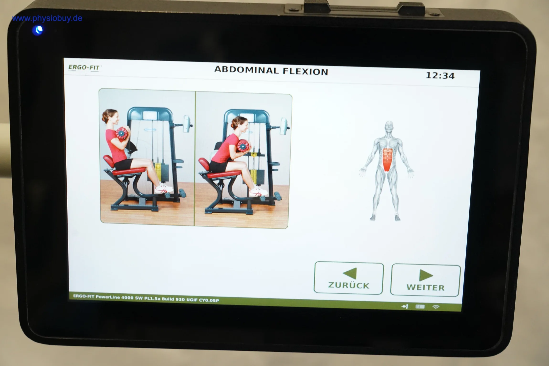 Touchscreen des Ergo-Fit 4000S mit Anleitungsbildern zur Sitzposition bei Abdominal Flexion