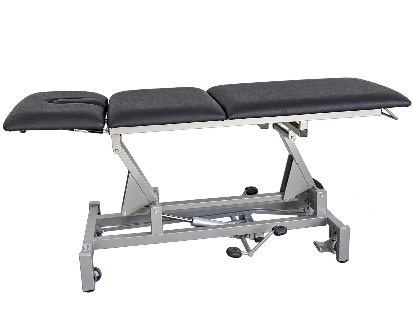 Stolzenberg ErgoS Basic H, dreiteilige Therapieliege mit schwarzem Polster und grauem Gestell, seitlich