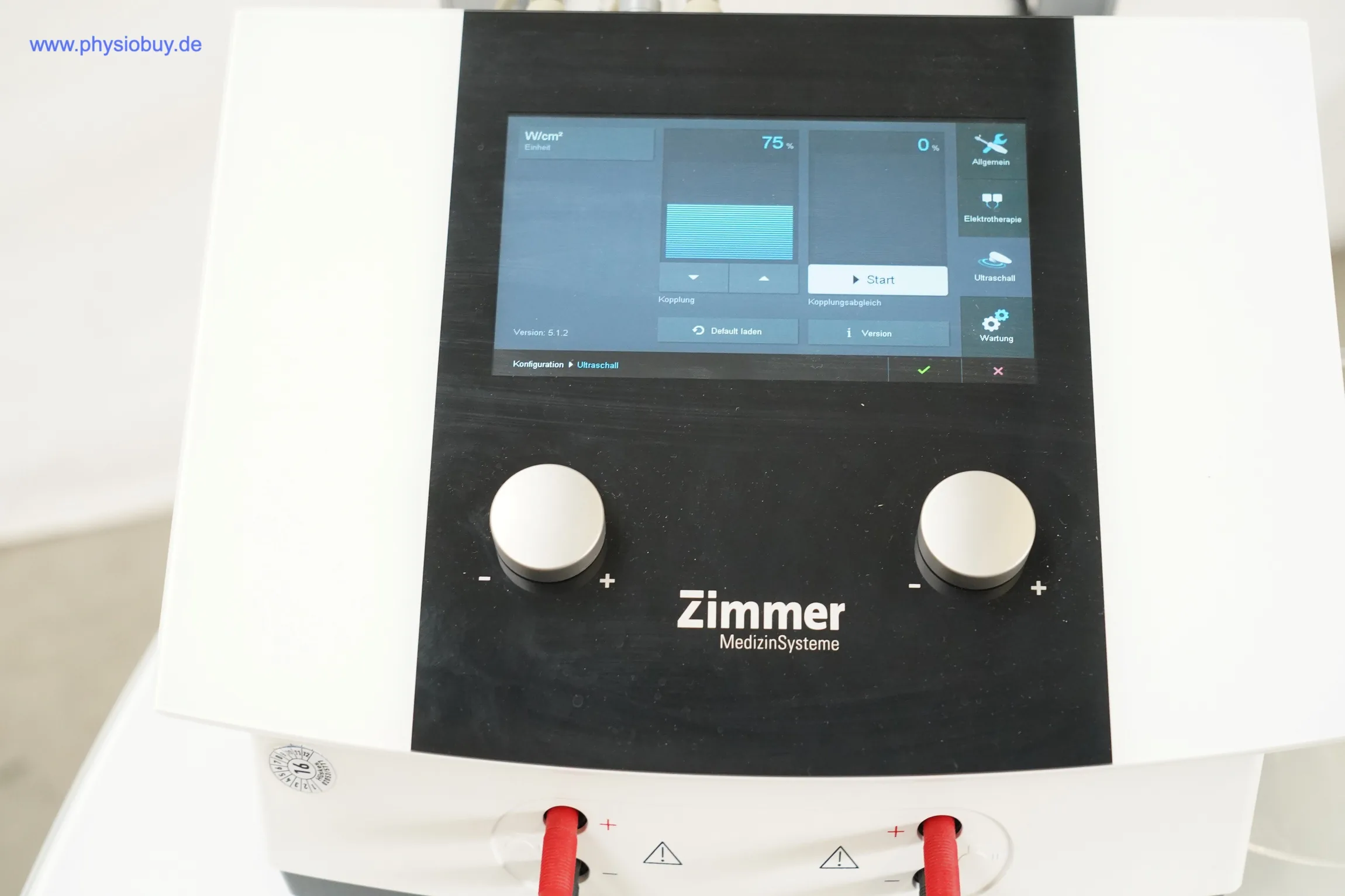 Zimmer Soleo SonoStim: Bedienfeld mit Touchdisplay, zwei Drehreglern und roten Anschlussbuchsen von oben gesehen