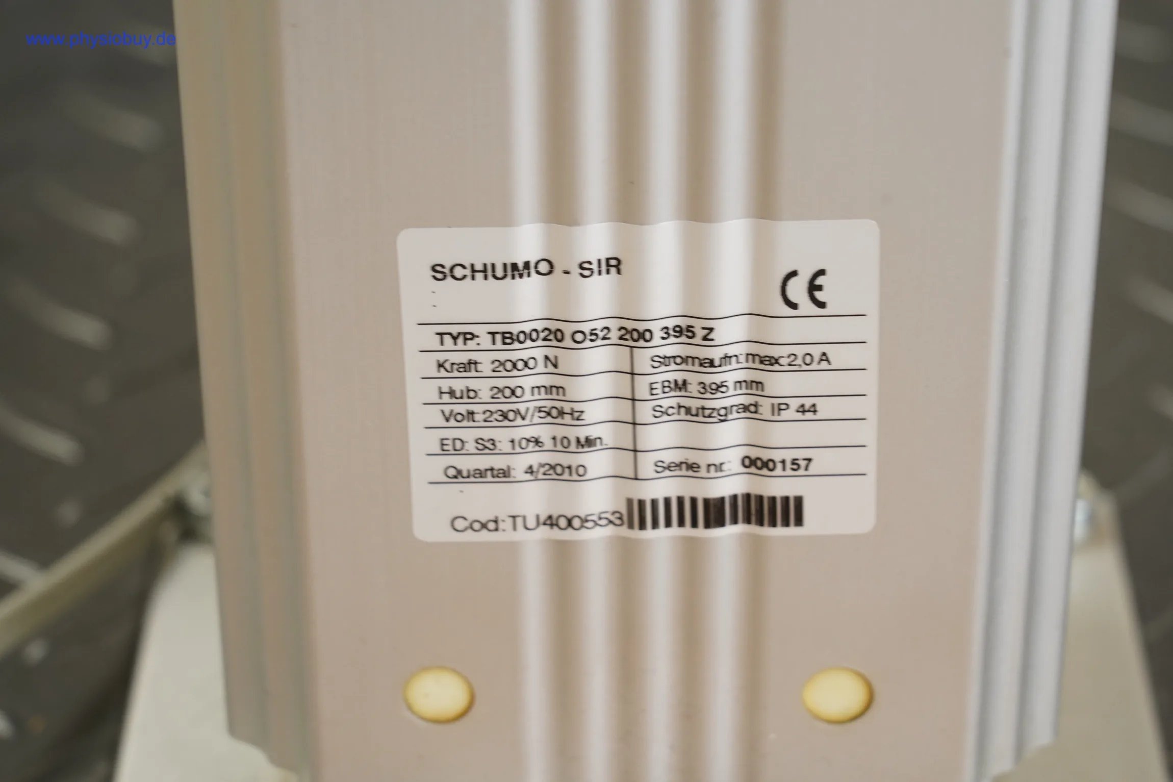 Typenschild eines Hubantriebs (SCHUMO-SIR) im SCHNELL HWS Trainer DIAGNOS msc