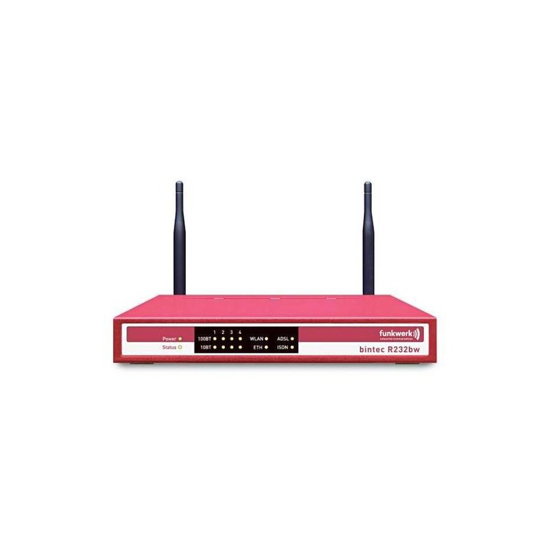 Bintec R232bw Router in Rot mit zwei Antennen, Frontansicht