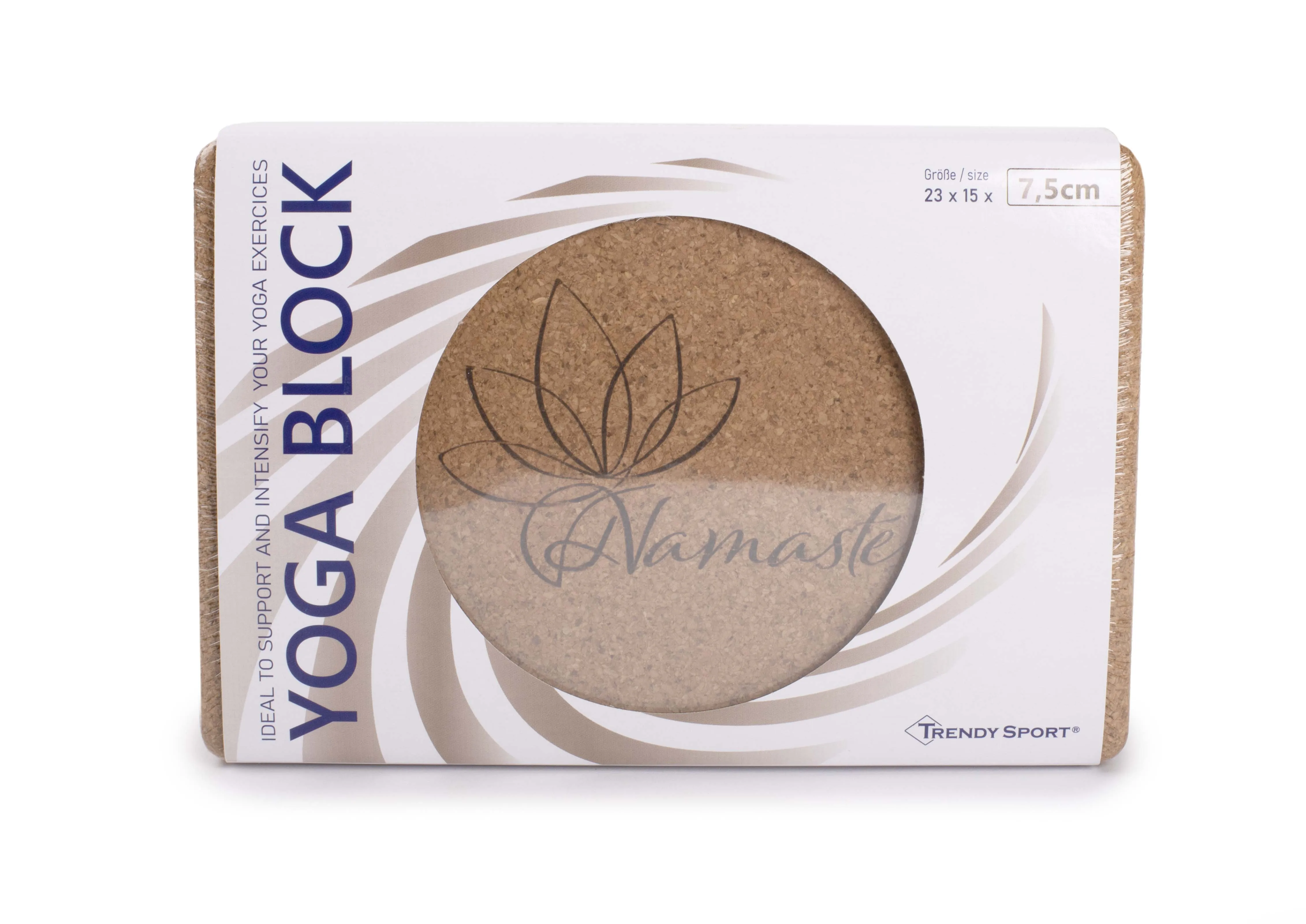 Verpackung des Trendy YogaBlock Kork mit Namaste-Logo
