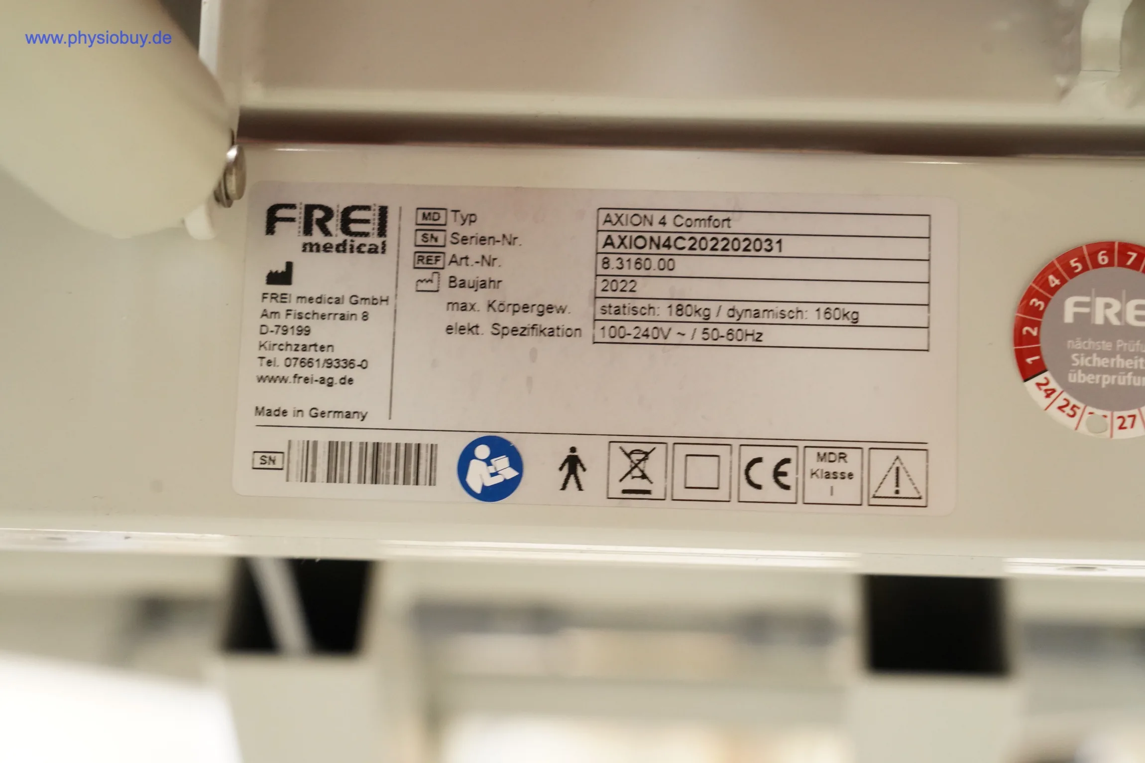 Typenschild FREI Axion 4 Comfort mit Seriennummer und Baujahr 2022