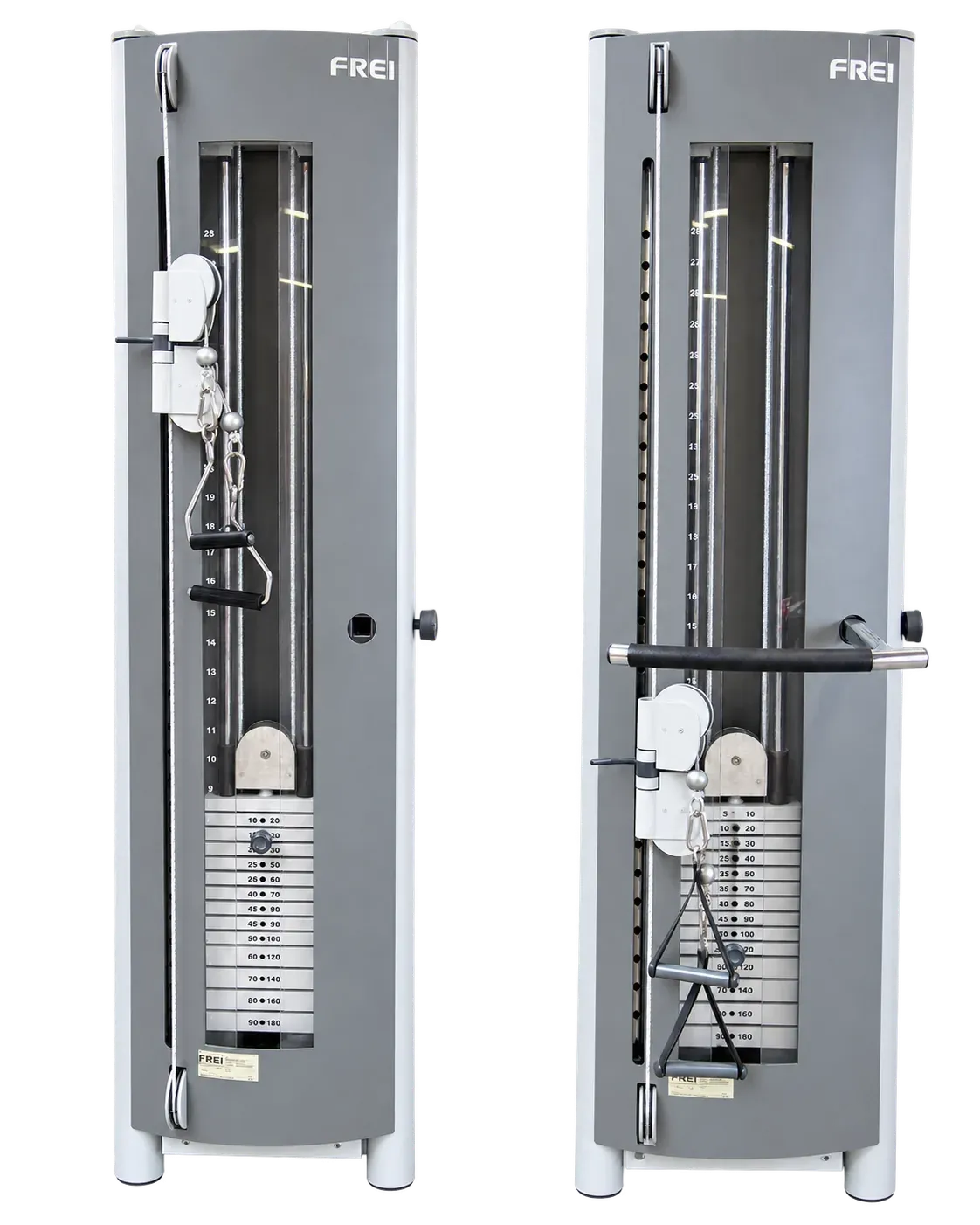 FREI Genius ECO Seilzugturm mit Gewichtsblock und Dreieckgriff, zwei Ansichten nebeneinander, rechts mit Haltegriff