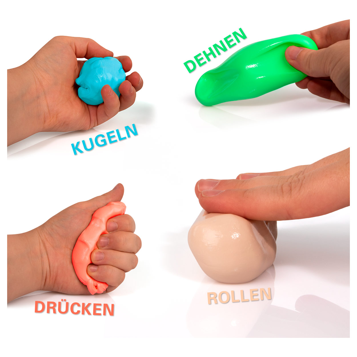 Physioflex Therapie-Knetmasse in Blau, Grün, Orange und Beige bei Handübungen