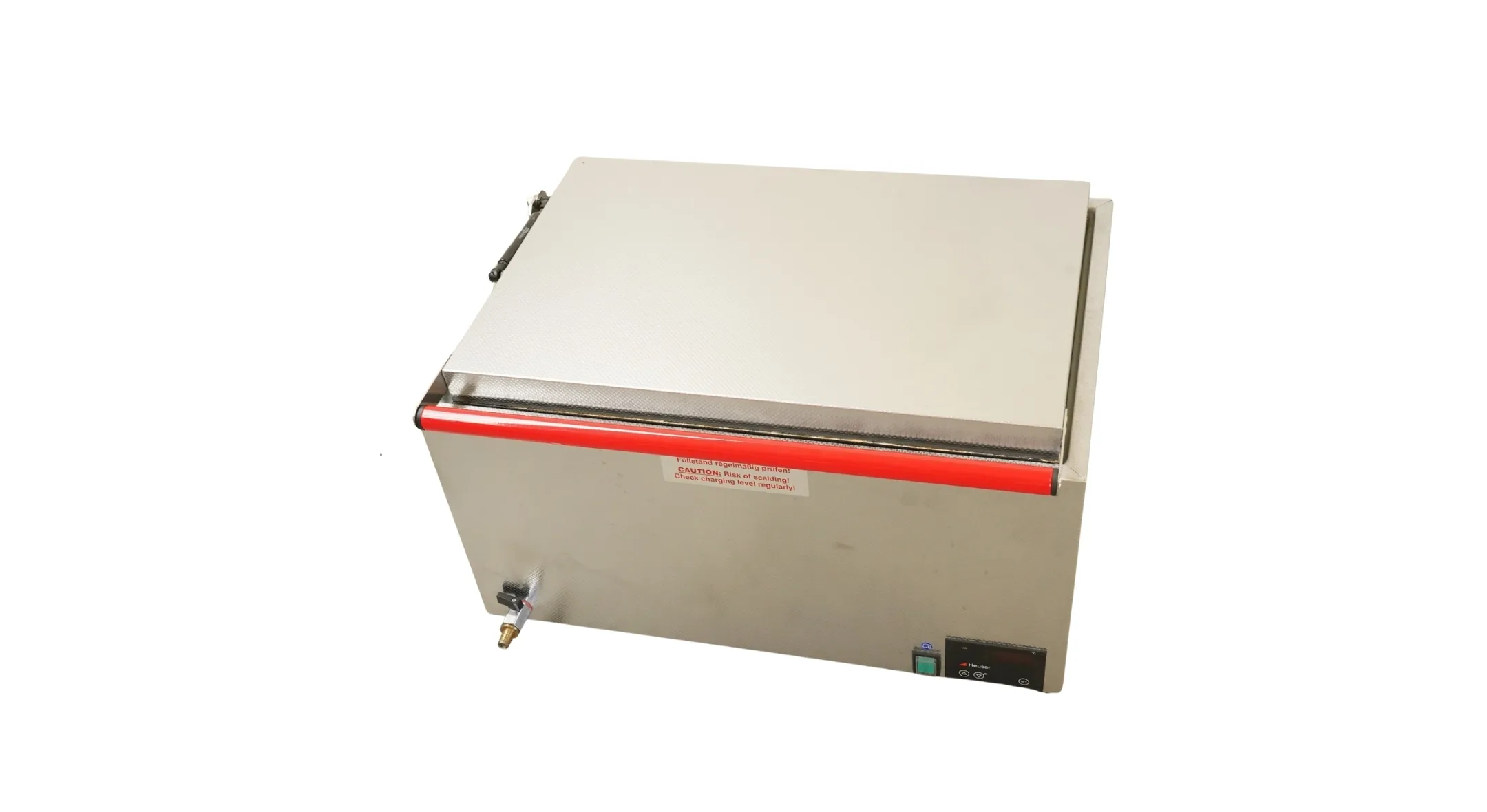 Heuser Wasserbad WB6-50 aus Edelstahl mit rotem Zierstreifen, Schrägansicht