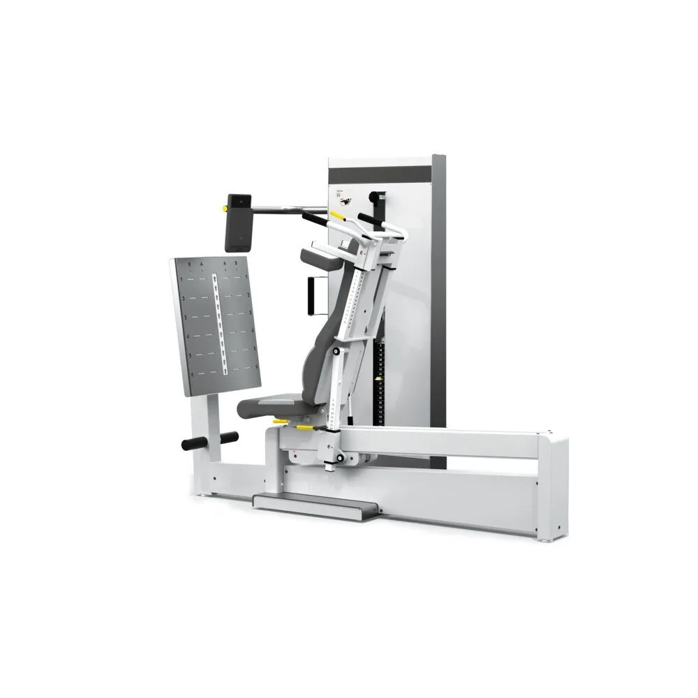 Sitzende Brust-/Schulterpressmaschine aus dem Geräte-Paket Med-Line mit weißem Gestell und grauer Gewichtsabdeckung