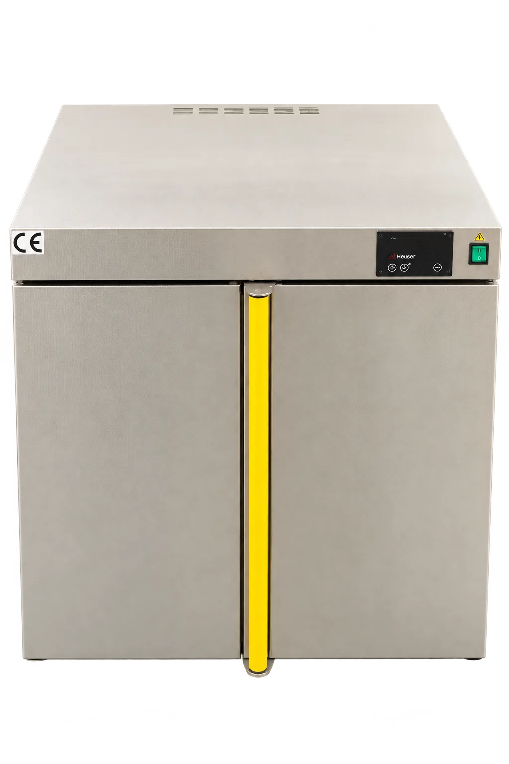 Heuser Wärmeschrank WS14-7054SE von vorn, Edelstahl mit zweiflügeliger Tür, gelbem Griffstreifen und Display oben rechts