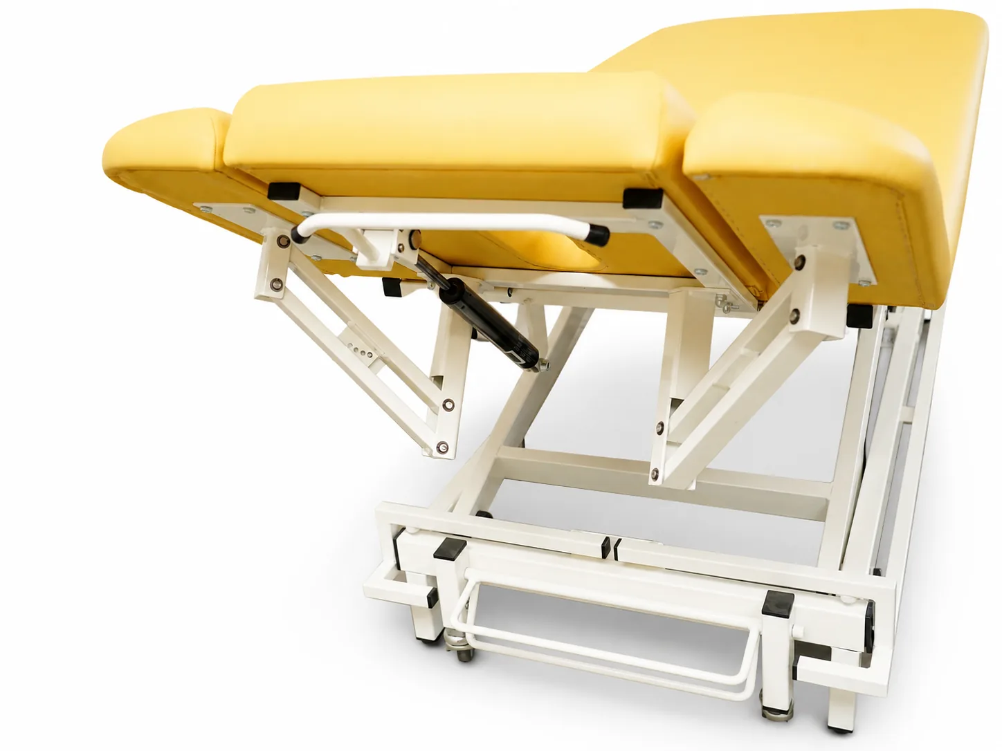 Elektrische Therapieliege mit gelbem Polster, Ansicht von hinten auf das Hubgestell