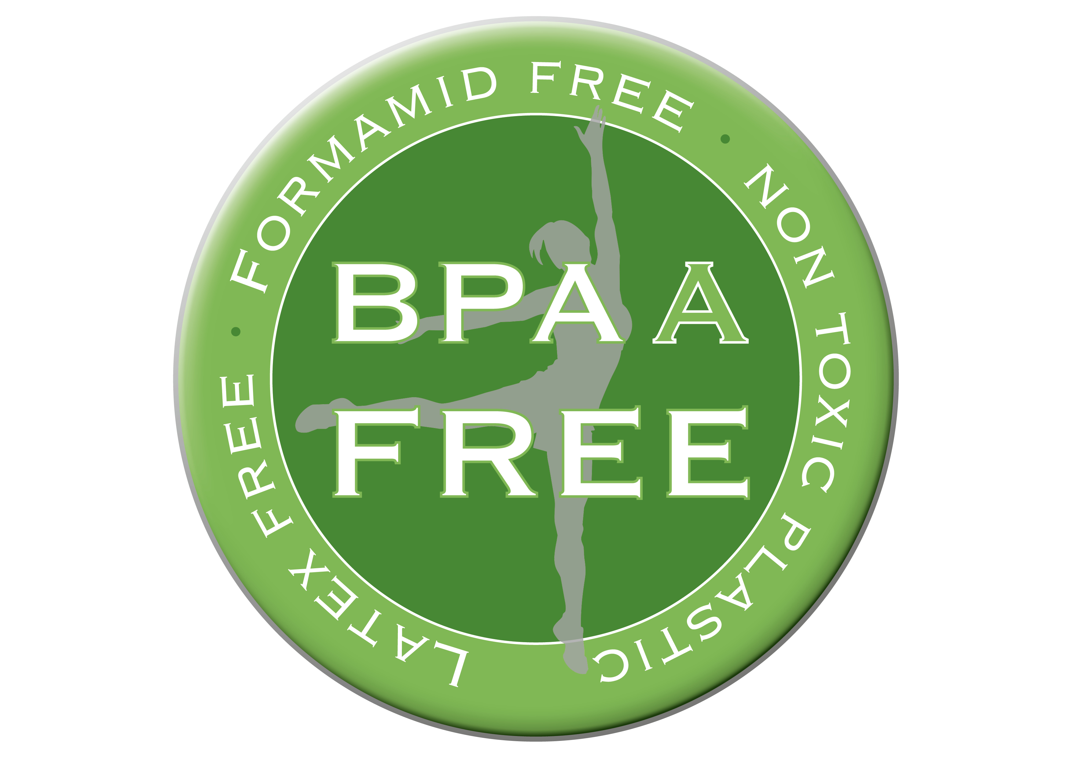 Grünes Siegel „BPA A Free“ mit Hinweisen formamidfrei, latexfrei und ungiftiger Kunststoff