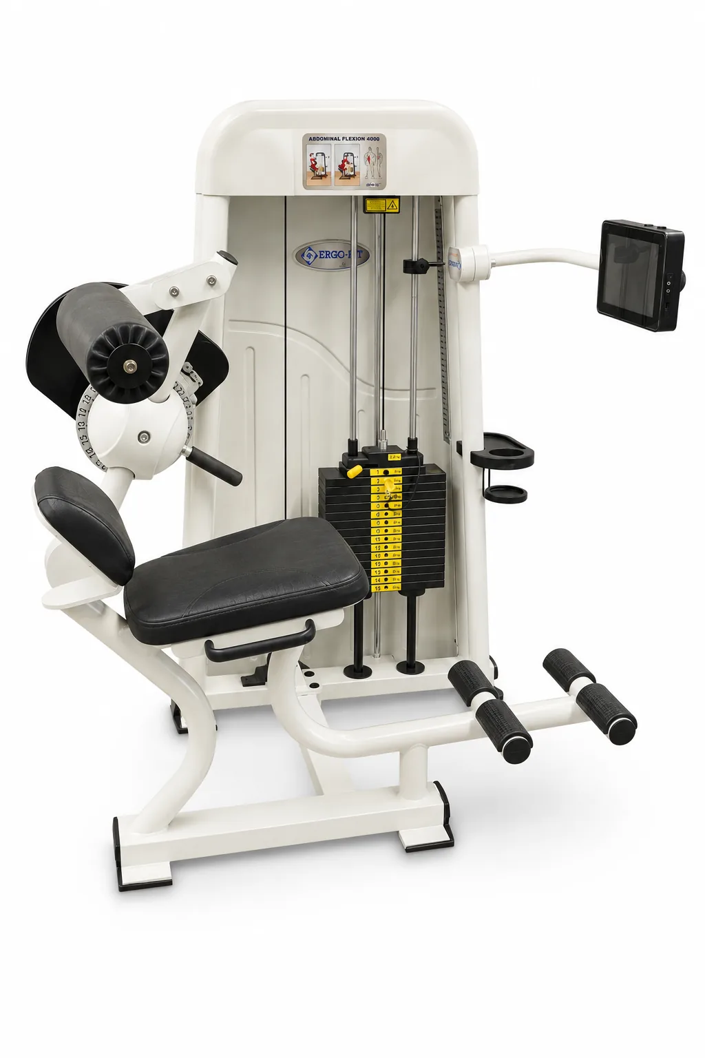 Ergo-Fit Bauchtrainer 4000 mit weißem Gestell, schwarzem Sitzpolster und Touchscreen-Monitor, Seitenansicht