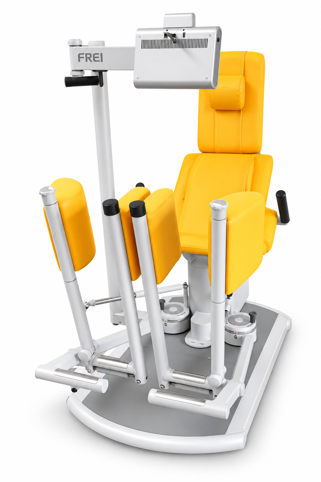 FREI Factum® Novus II Trainingsgerät mit gelbem Sitz und Rückenlehne, Beinpolstern und Display am Haltearm, schräg von vorn