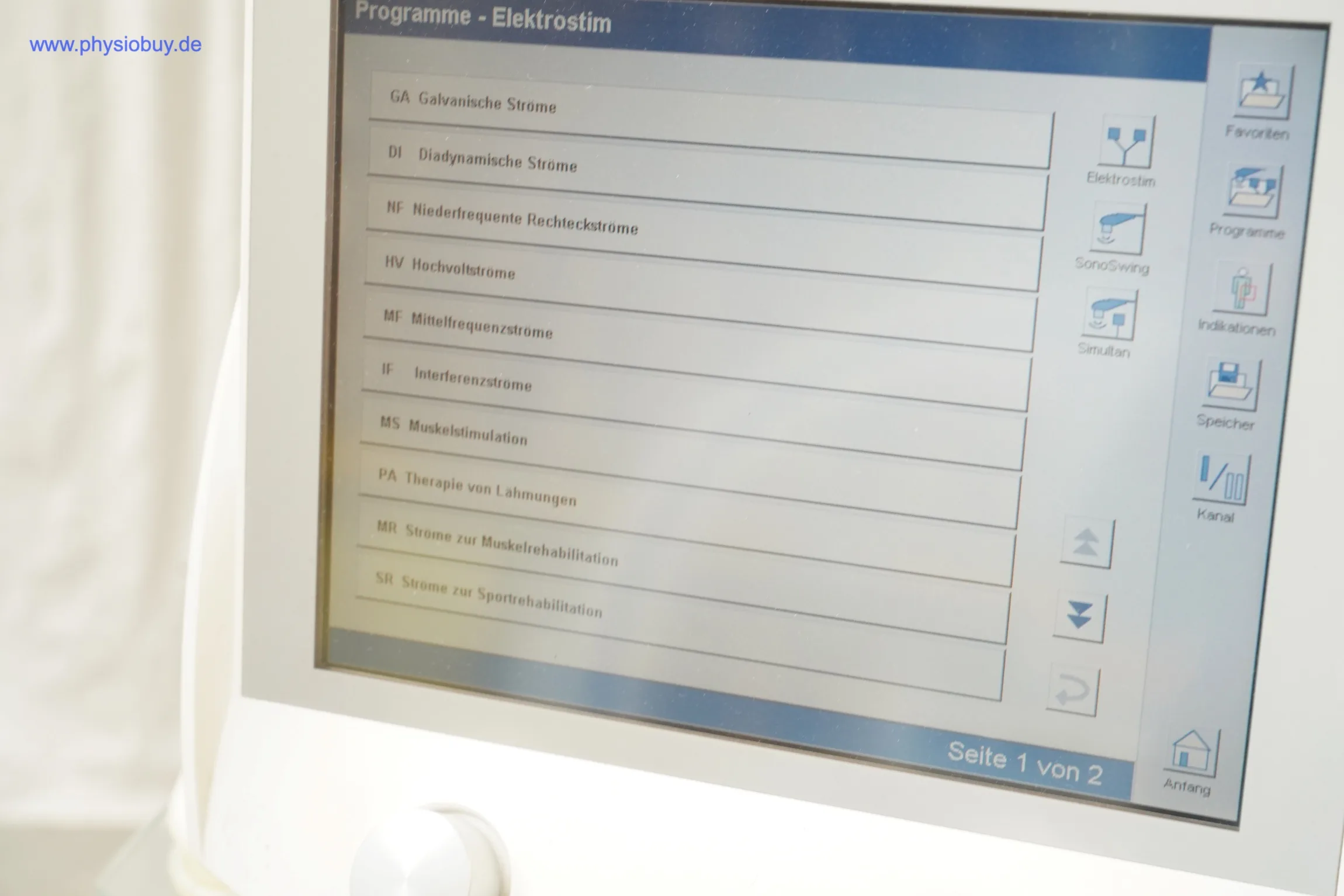 Touchscreen des Zimmer PhySys mit Programmliste Elektrostimulation