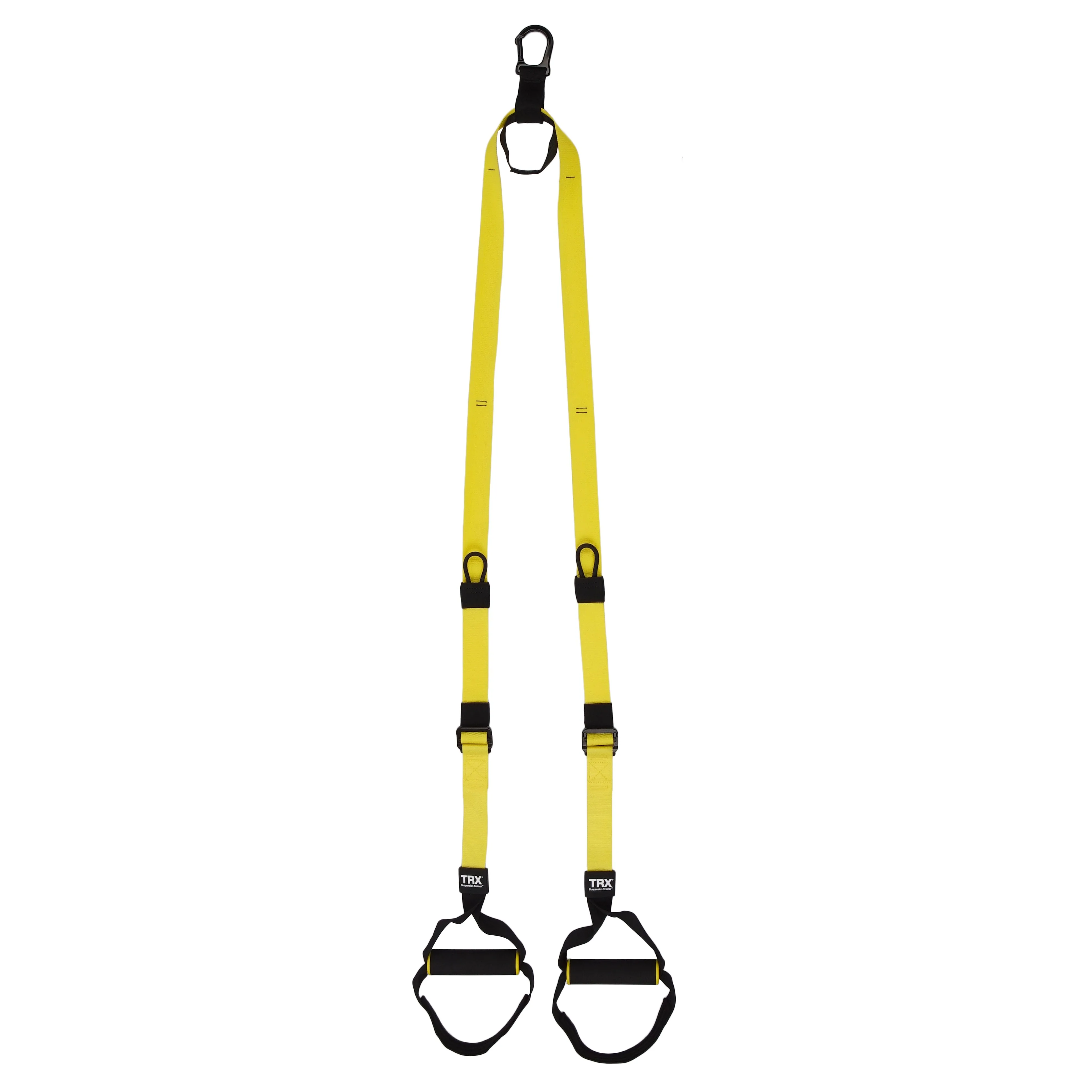 TRX Suspension Trainer „Burn" mit gelben Gurtbändern und Griffen, hängend