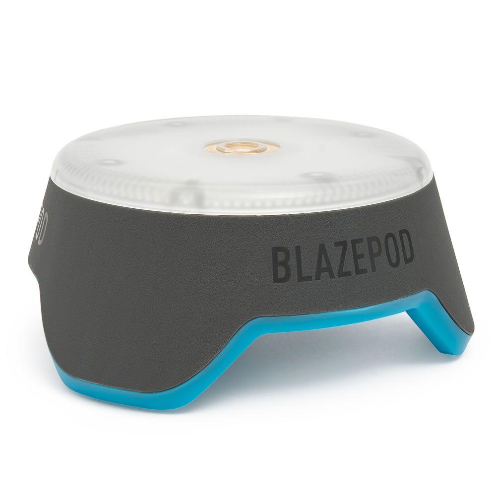 Einzelner BlazePod in Grau-Blau, Draufsicht mit leuchtender Kuppel