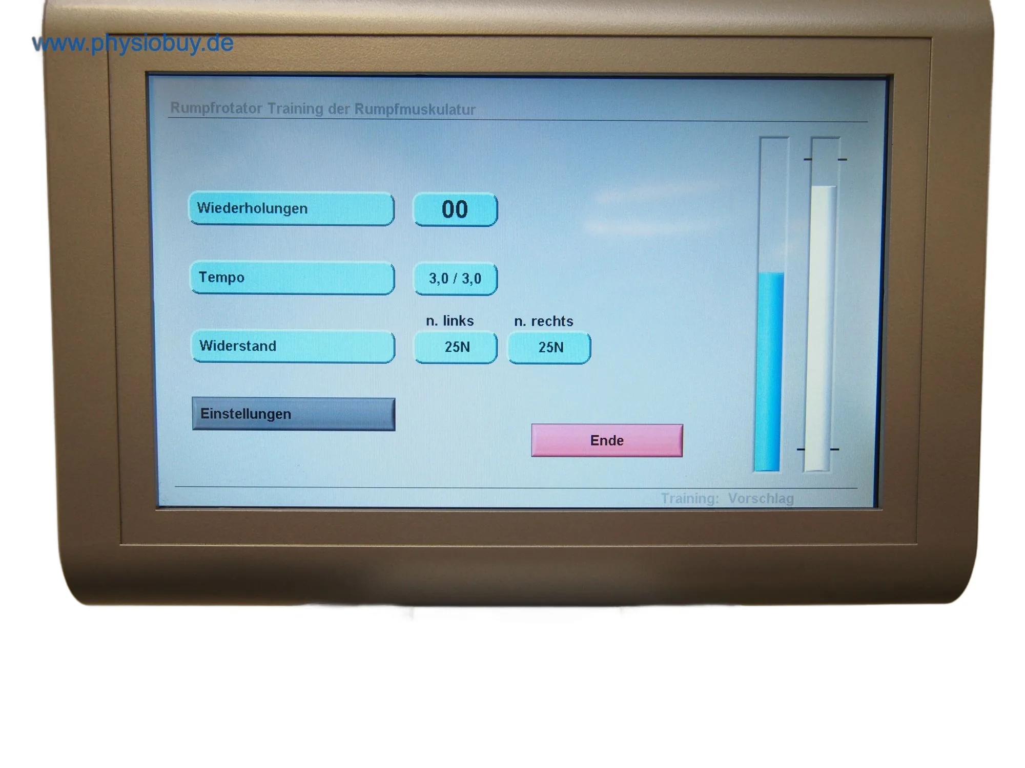 Touchscreen des FREI Factum novus II mit Trainingswerten Wiederholungen, Tempo und Widerstand