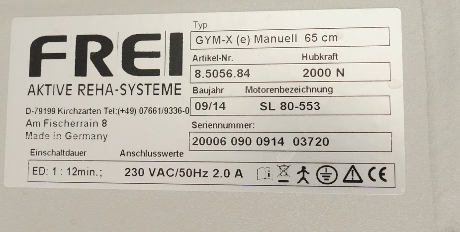 Typenschild der FREI Gym-X (e) Manuell, 65 cm, mit Hubkraft 2000 N, Baujahr 09/14 und Anschlusswerten