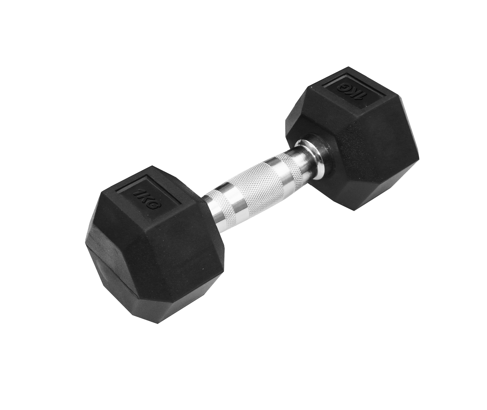 Schwarze Hex-Kurzhantel mit verchromtem Griff, Aufdruck 1 KG