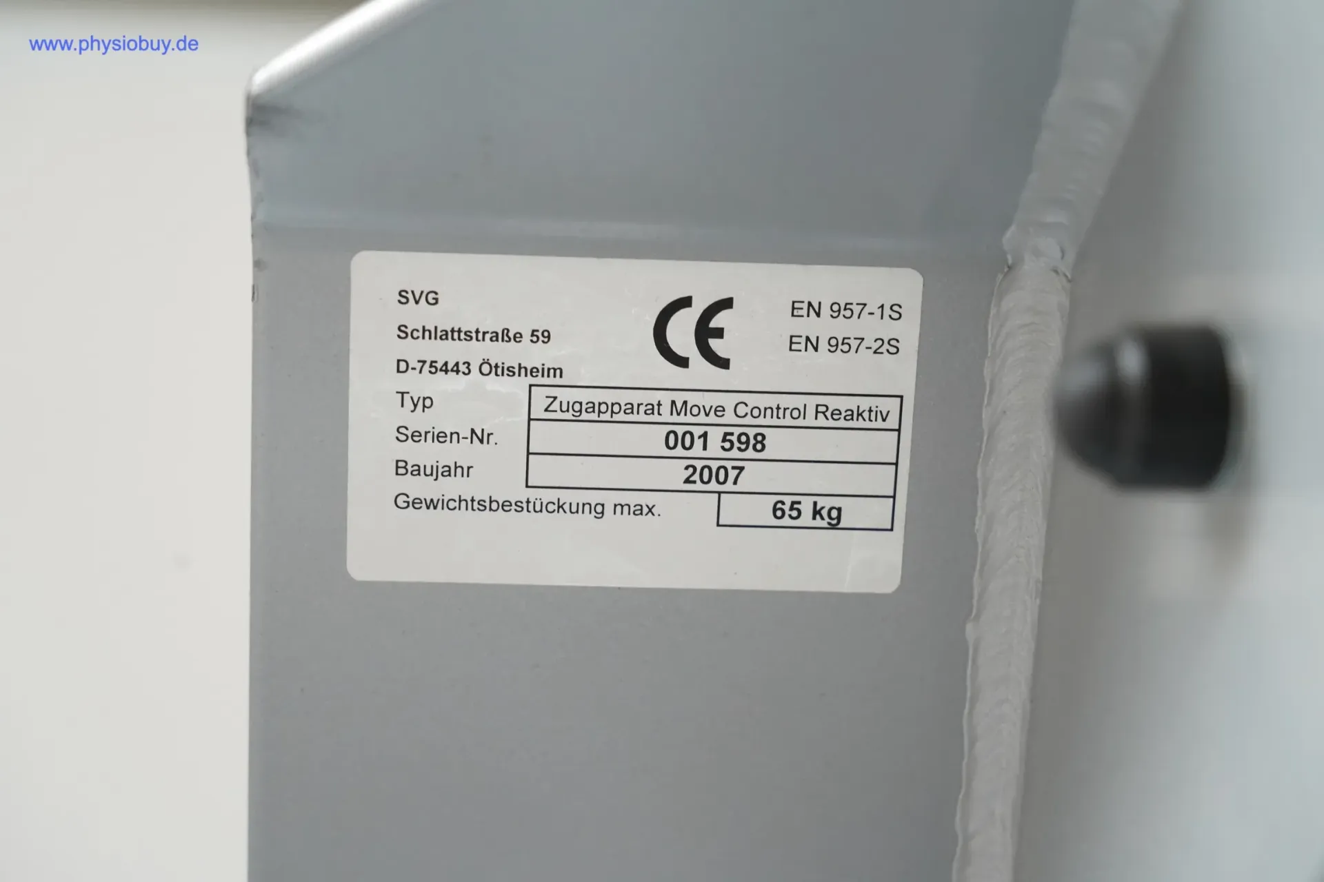 Typenschild am Gerät Proxomed Compass 530 KGG-Satz: Zugapparat Move Control Reaktiv von SVG, Baujahr 2007, max. 65 kg