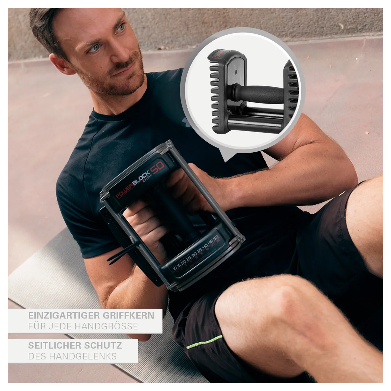 Mann sitzend mit Power Block Kurzhantel Sport 50, Detailausschnitt des Griffs