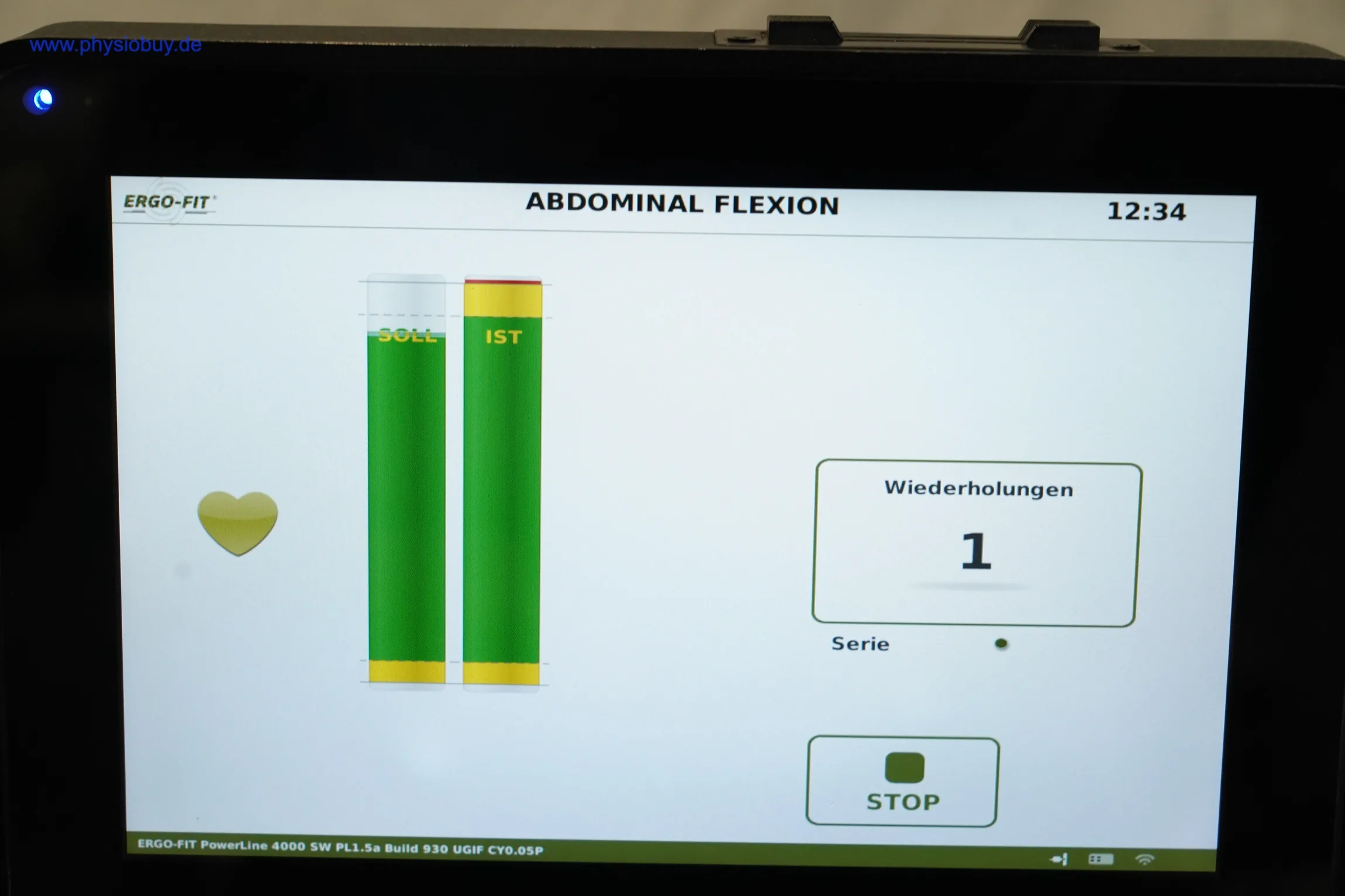 Touchscreen des Ergo-Fit 4000S mit grüner Balkenanzeige und Wiederholungszähler