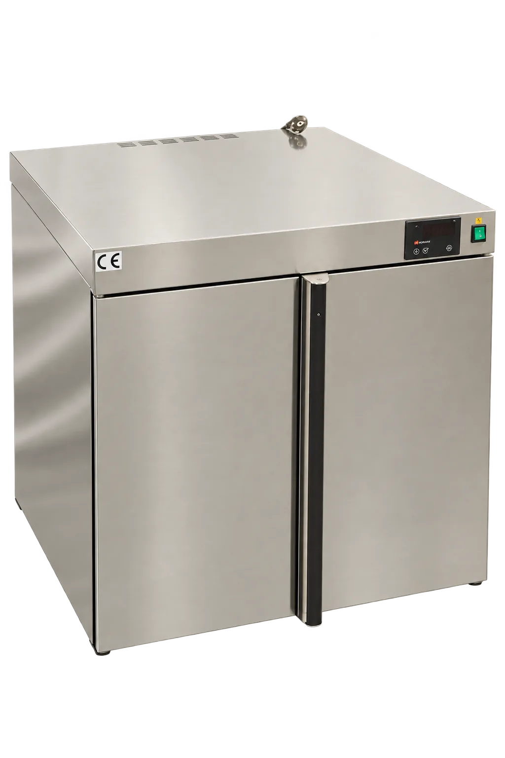 Heuser Wärmeschrank WS14-7054S aus Edelstahl, schräg von vorn, mit Doppeltür, digitalem Bedienfeld und Schloss oben