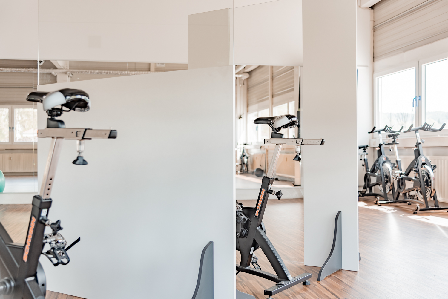 Trennwände Standard mit transparentem Oberteil trennen Indoor-Cycles, Deckenkonstruktion sichtbar