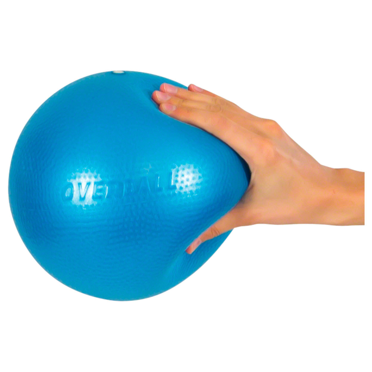 Hand drückt in den blauen Overball, ø 23 cm, Nahaufnahme