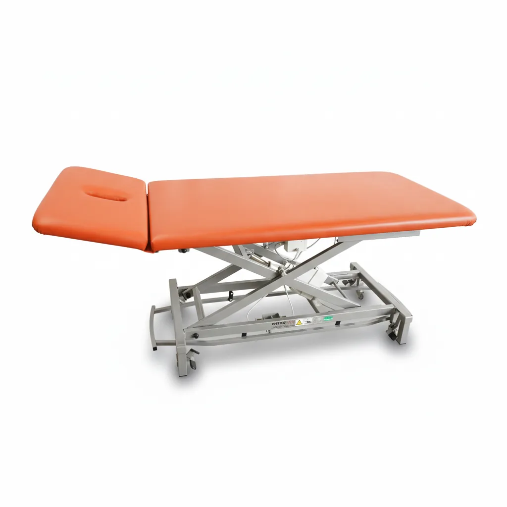 Physiothek Behandlungsliege Delos mit orangefarbenem Polster, elektrisch höhenverstellbar