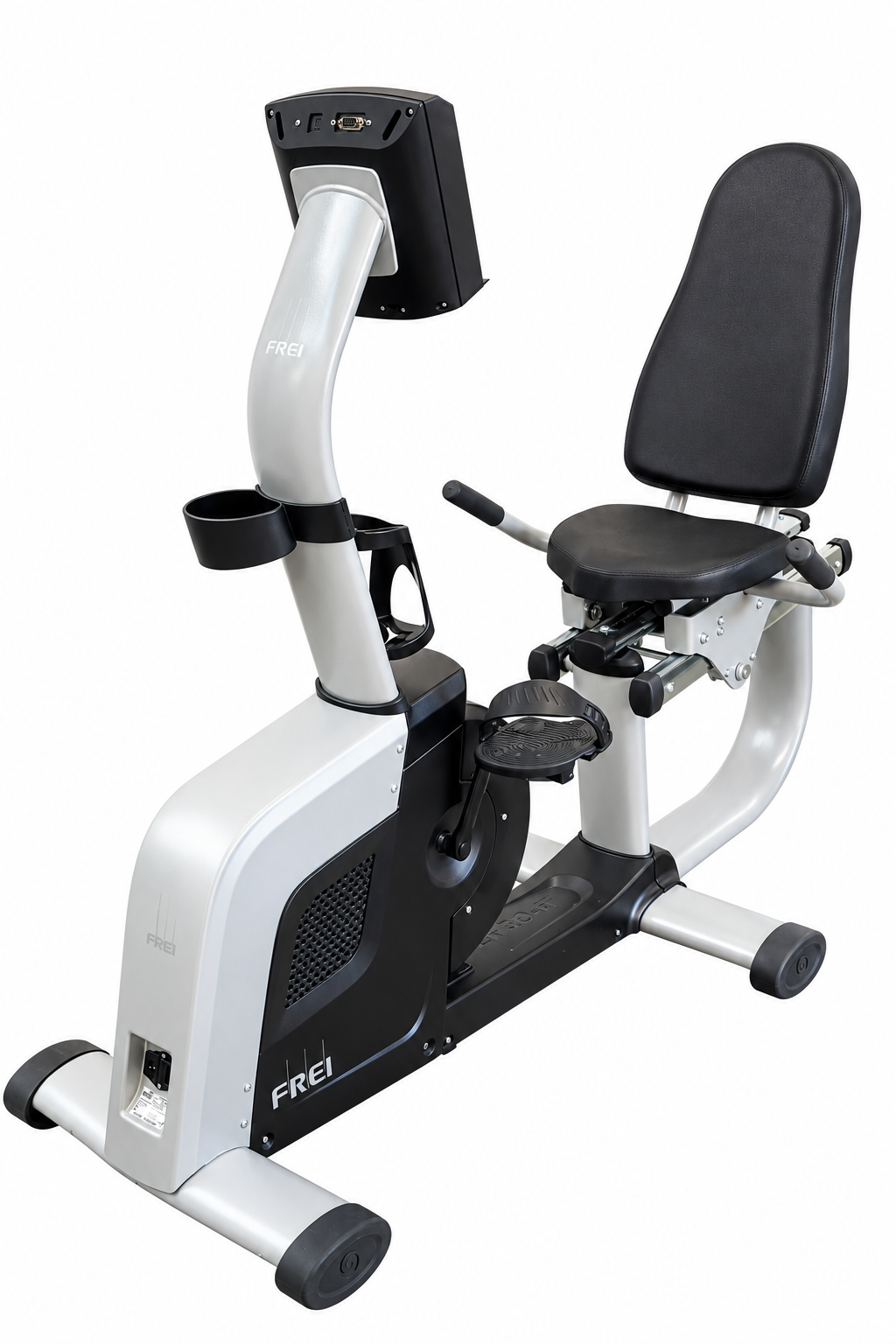 Ergo-Fit Recumbent 4000 MED RS, Liegeergometer schräg von vorn mit Display, Rückenlehne, Sitz und Pedalen