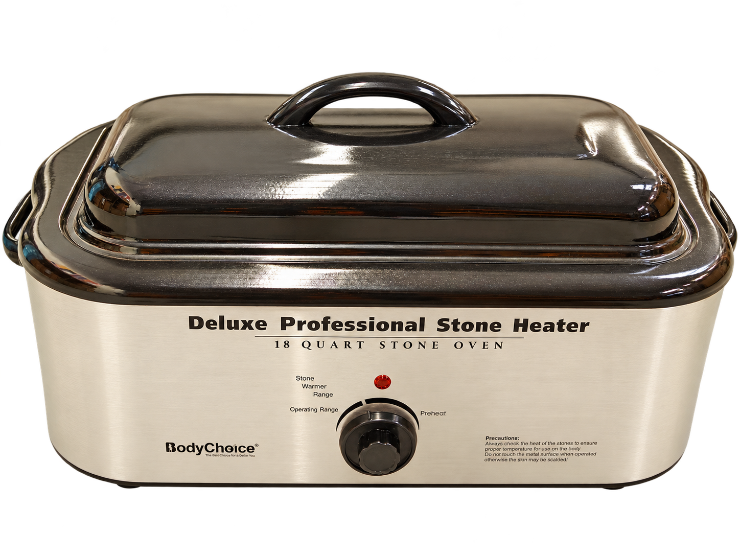 Edelstahl-Steinerhitzer Deluxe Professional Stone Heater von BodyChoice mit schwarzem Deckel und Drehregler, Frontansicht