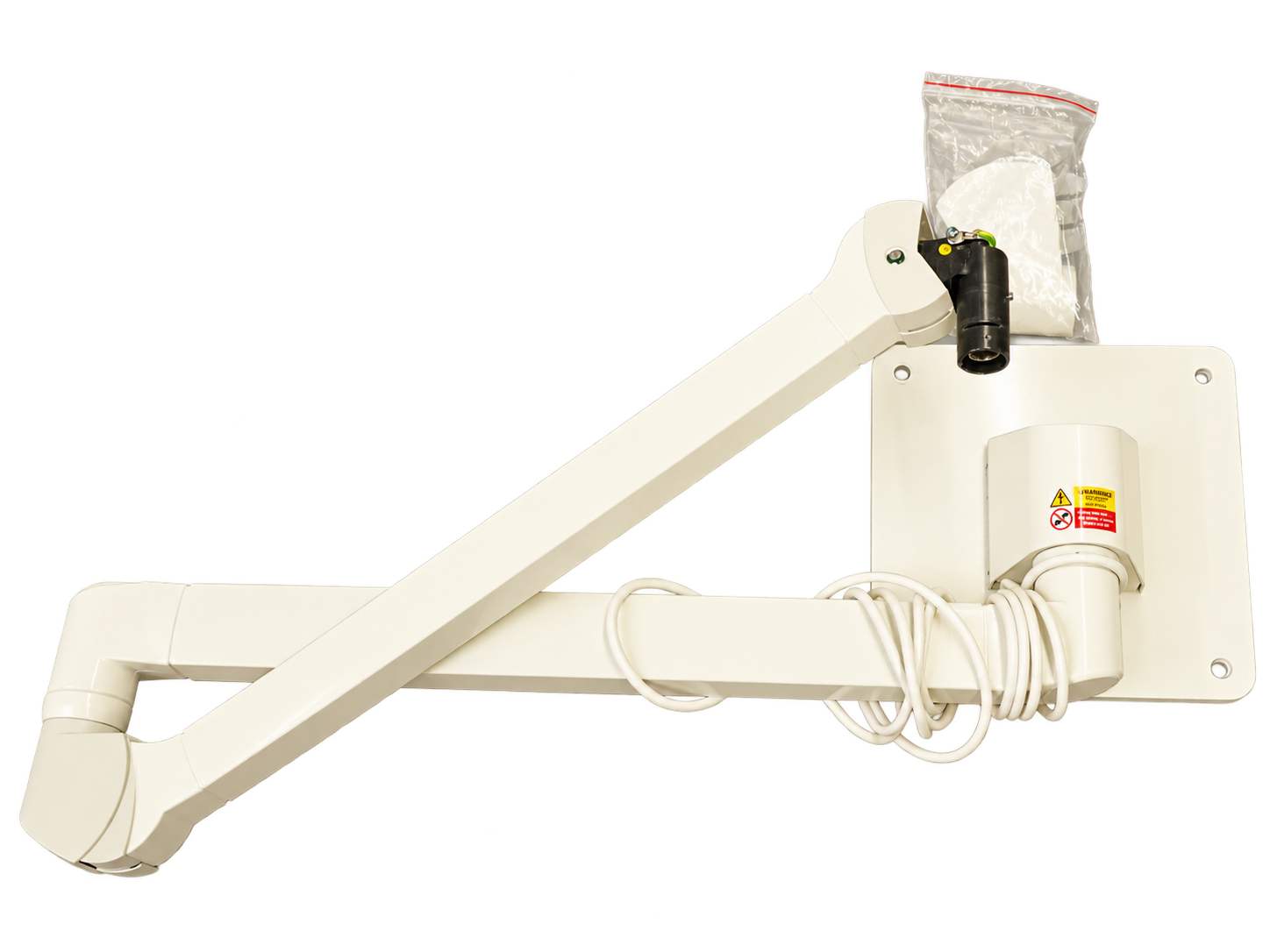Heuser Rotlicht Wandarm HWA 8-13 kg in Gesamtansicht mit Wandplatte, aufgewickeltem Kabel und Zubehörbeutel am Gelenk