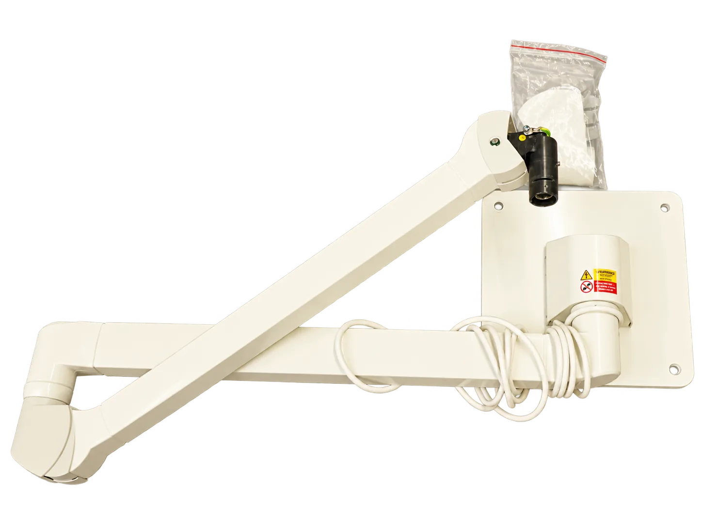 Heuser Rotlicht Wandarm HWA 8-13 kg in Gesamtansicht mit Wandplatte, aufgewickeltem Kabel und Zubehörbeutel am Gelenk