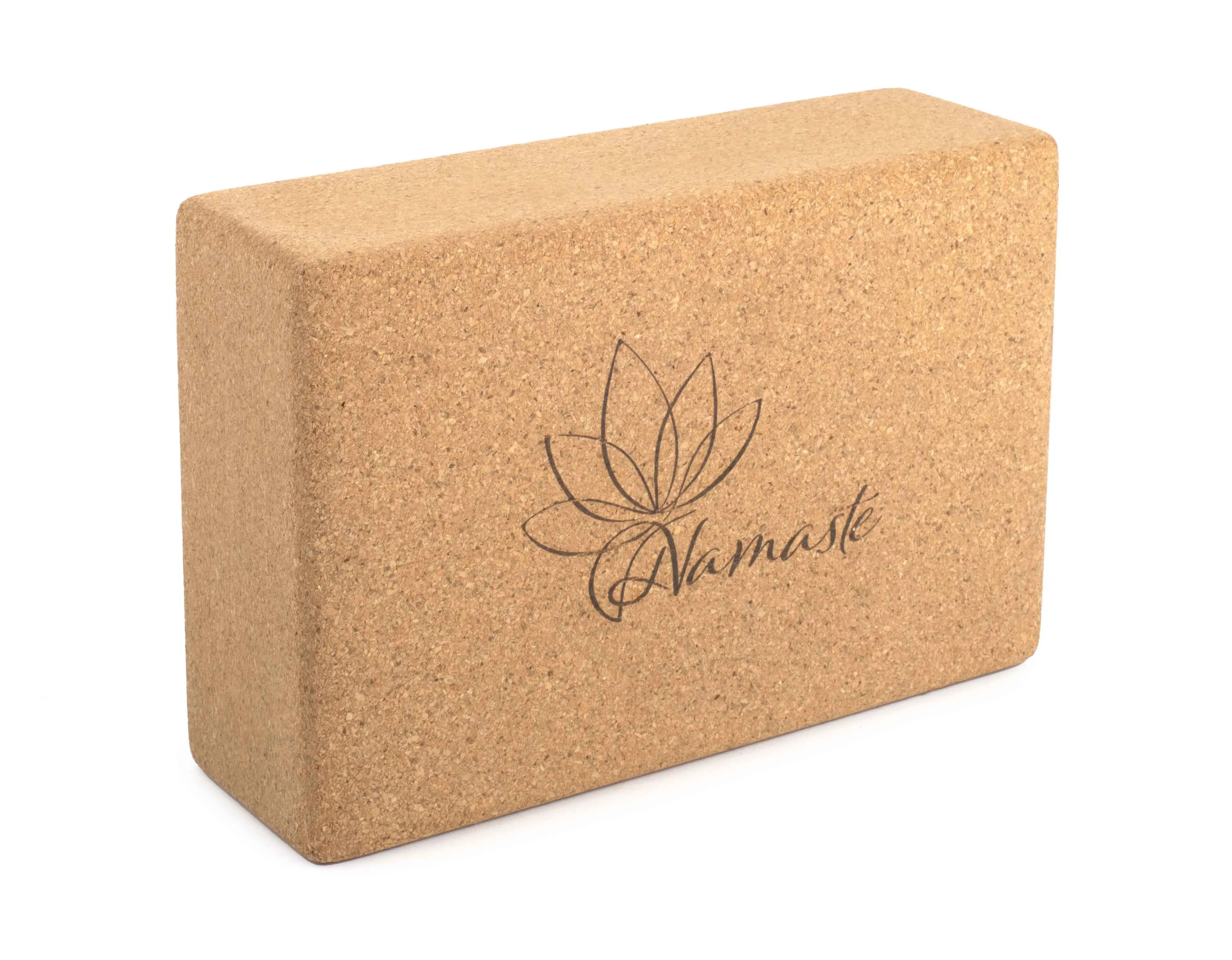Yogablock aus Kork mit Namaste-Logo, Ansicht von schräg vorne