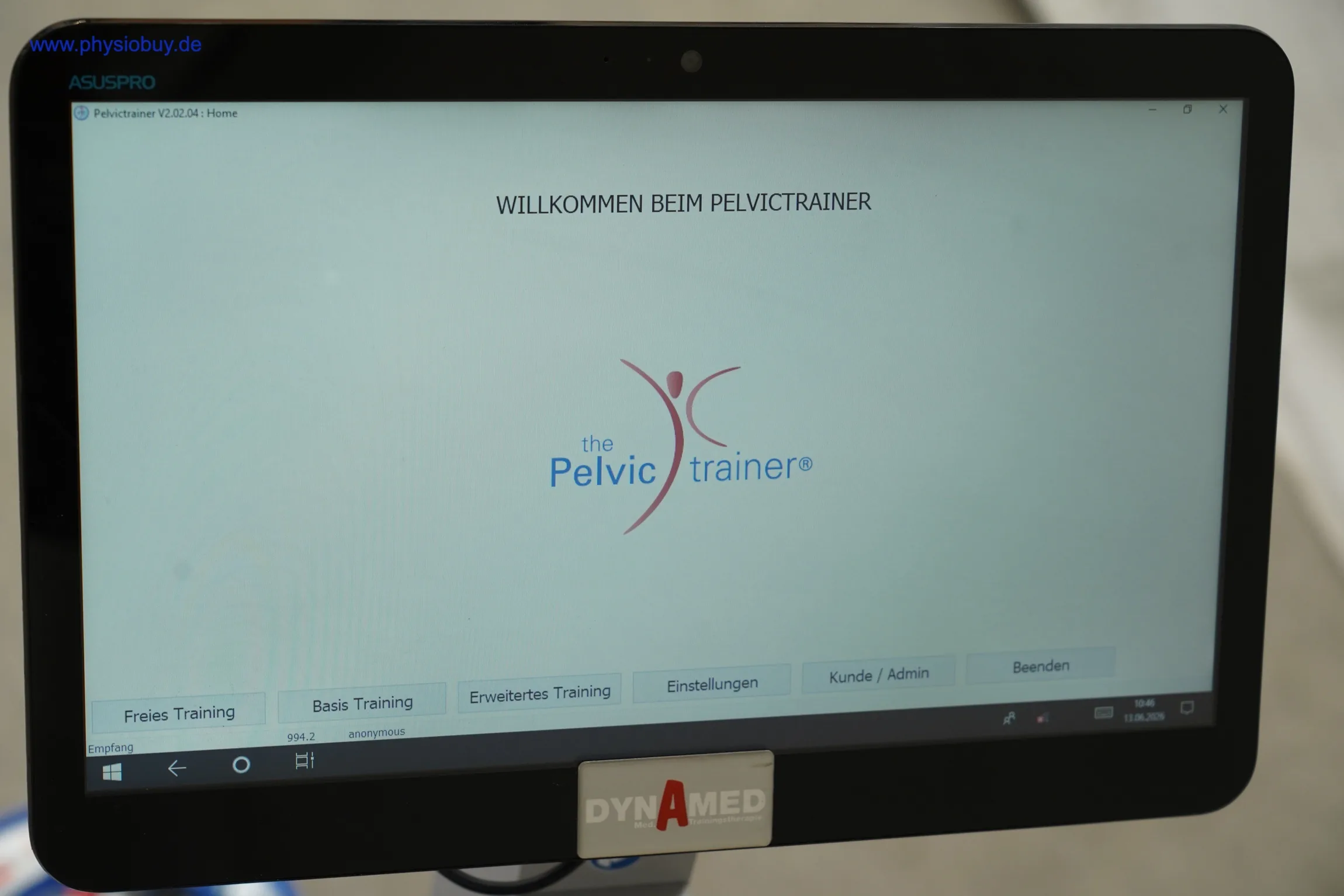 Startbildschirm der Pelvictrainer-Software mit Menüpunkten für Training und Einstellungen