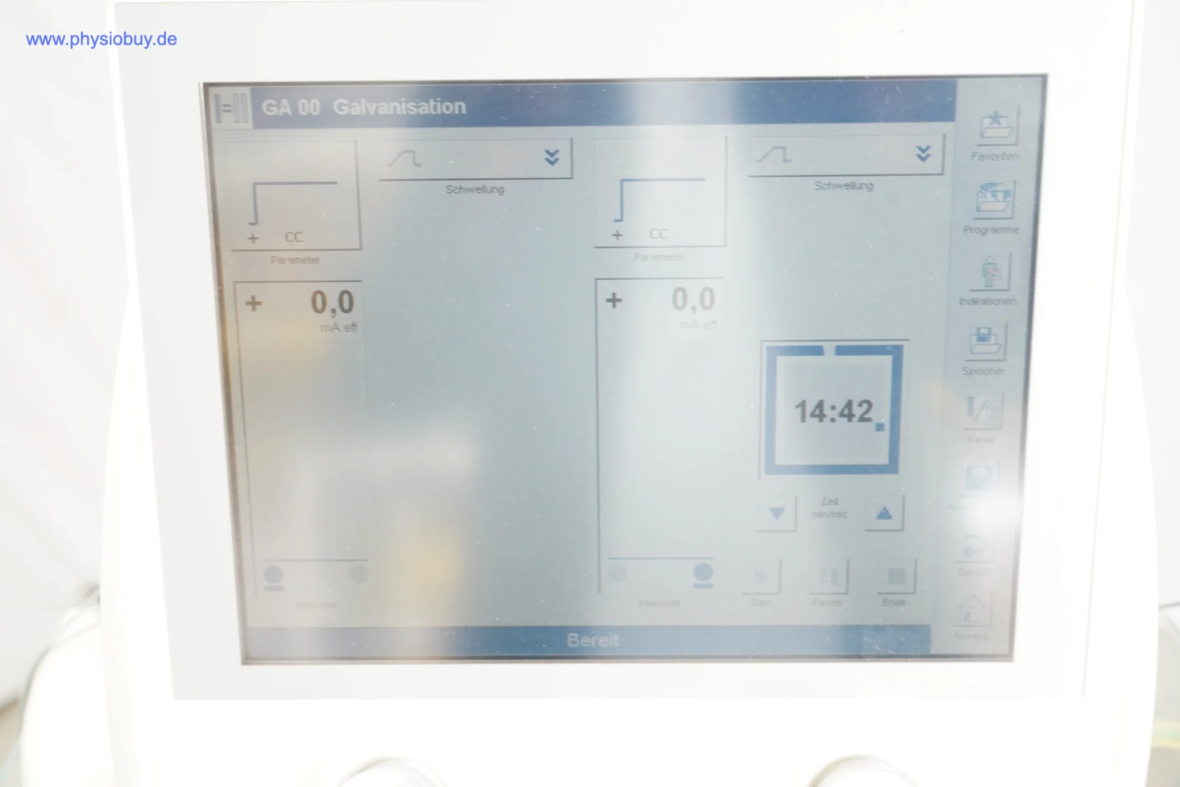 Touchscreen-Bedienoberfläche des Zimmer PhySys mit Therapieeinstellungen und Timer