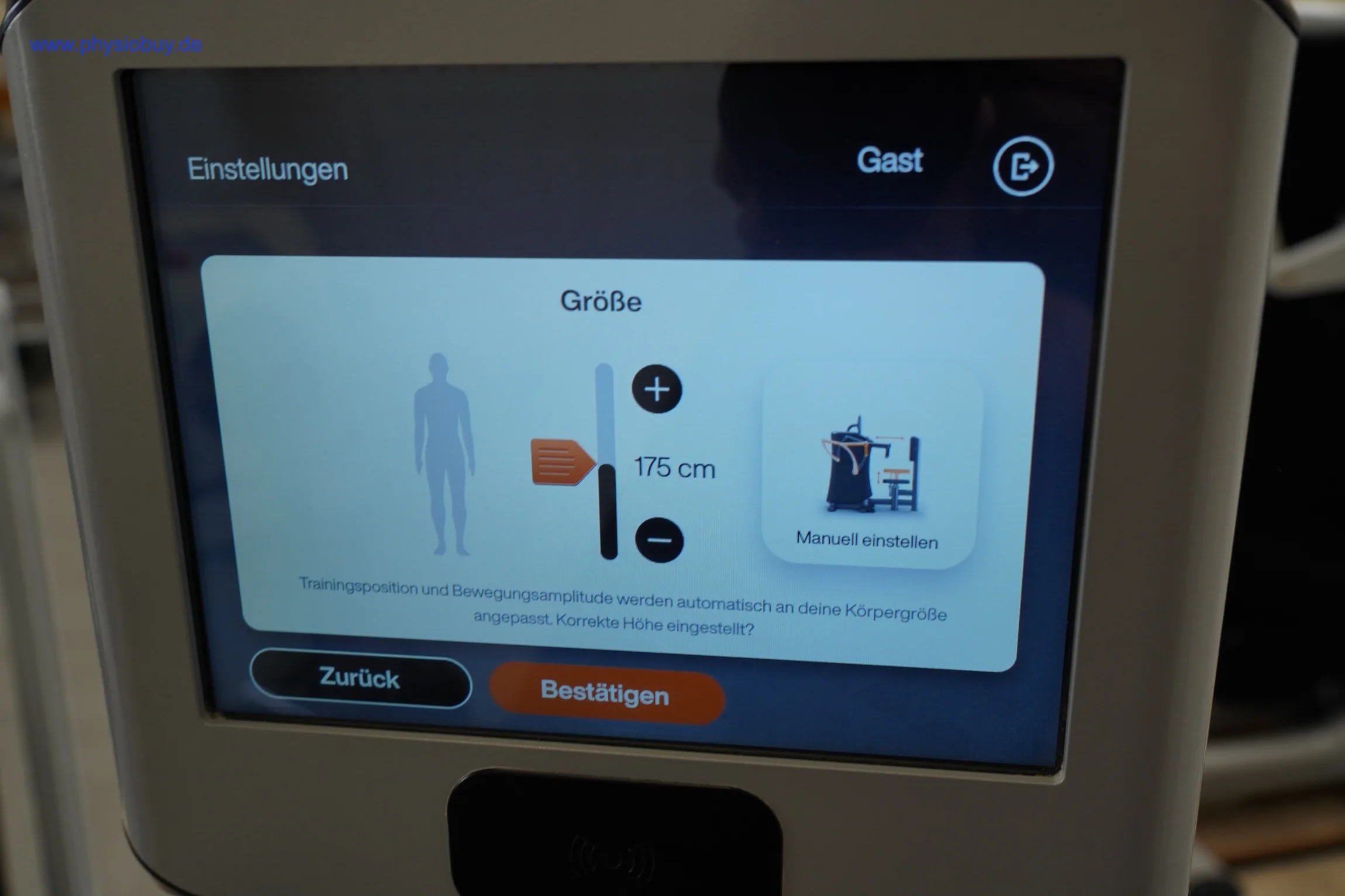 eGym-Kraftzirkel, Display zur Einstellung der Körpergröße